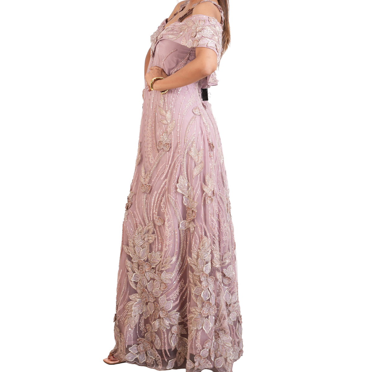 Mauve Cold-Shoulder 3D Floral Appliqué Gown-GN-19265#1