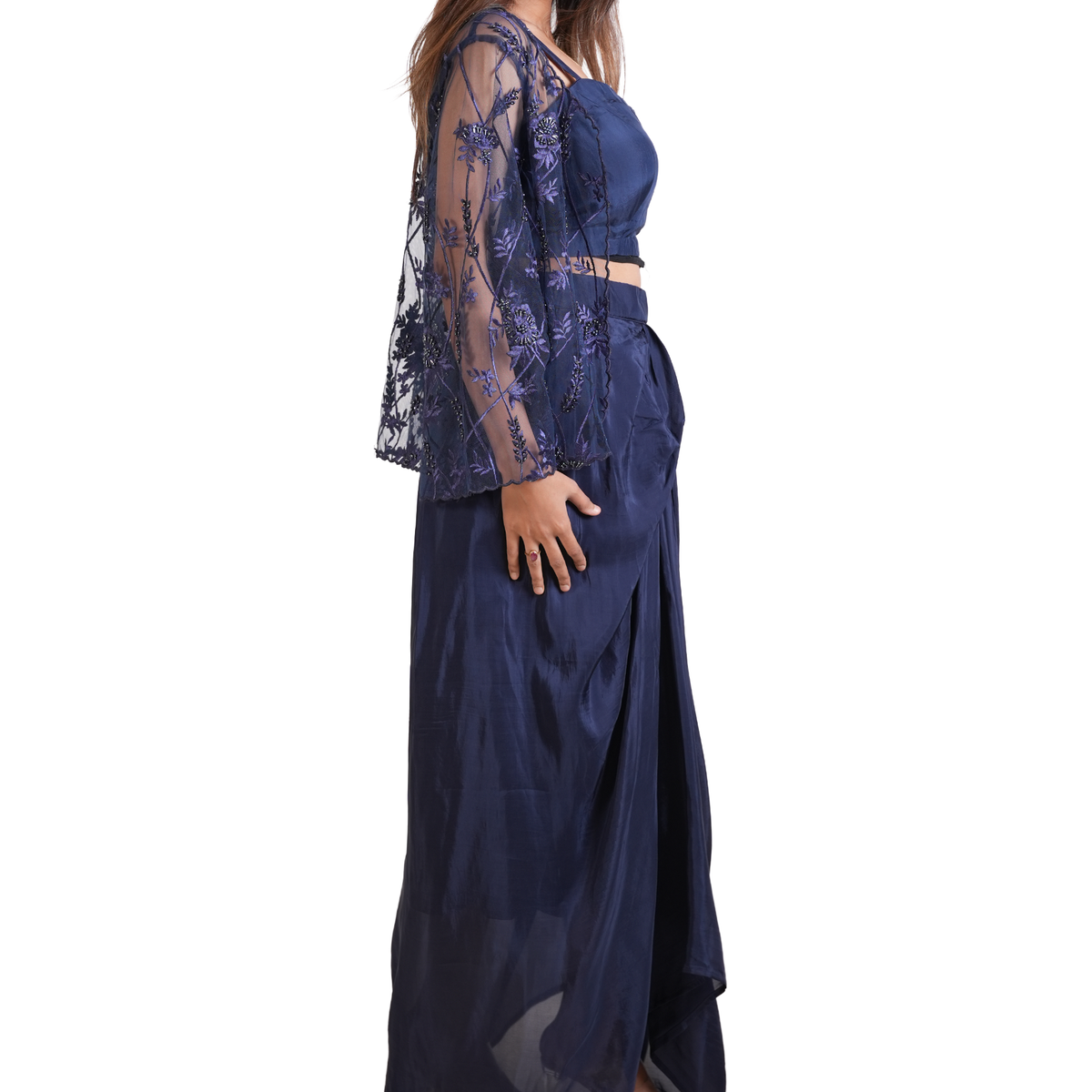 Royal Navy Draped Dhoti Skirt Set with Sheer Embroidered Cape-ST-19181#1
