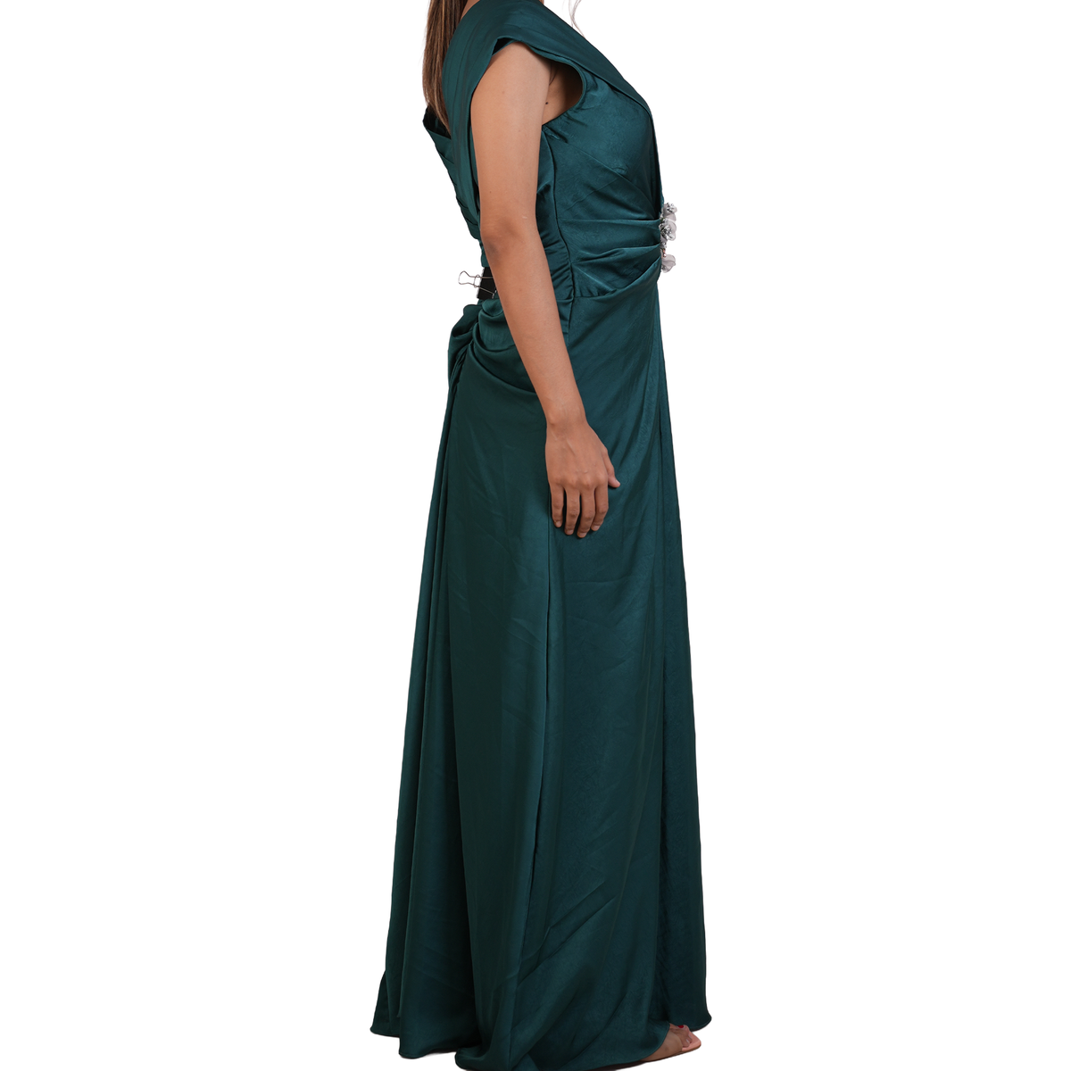 Emerald Green Pleated Floral-Brooch Gown-KR-19246#1