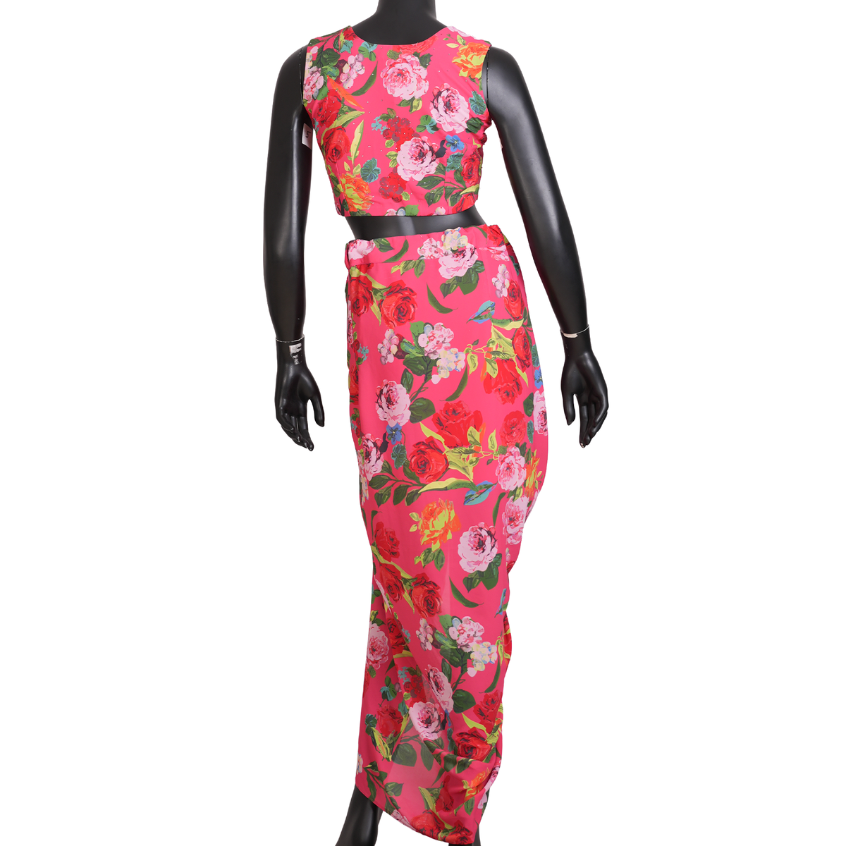 Fuchsia Floral Draped Skirt Set-ST-19078#1