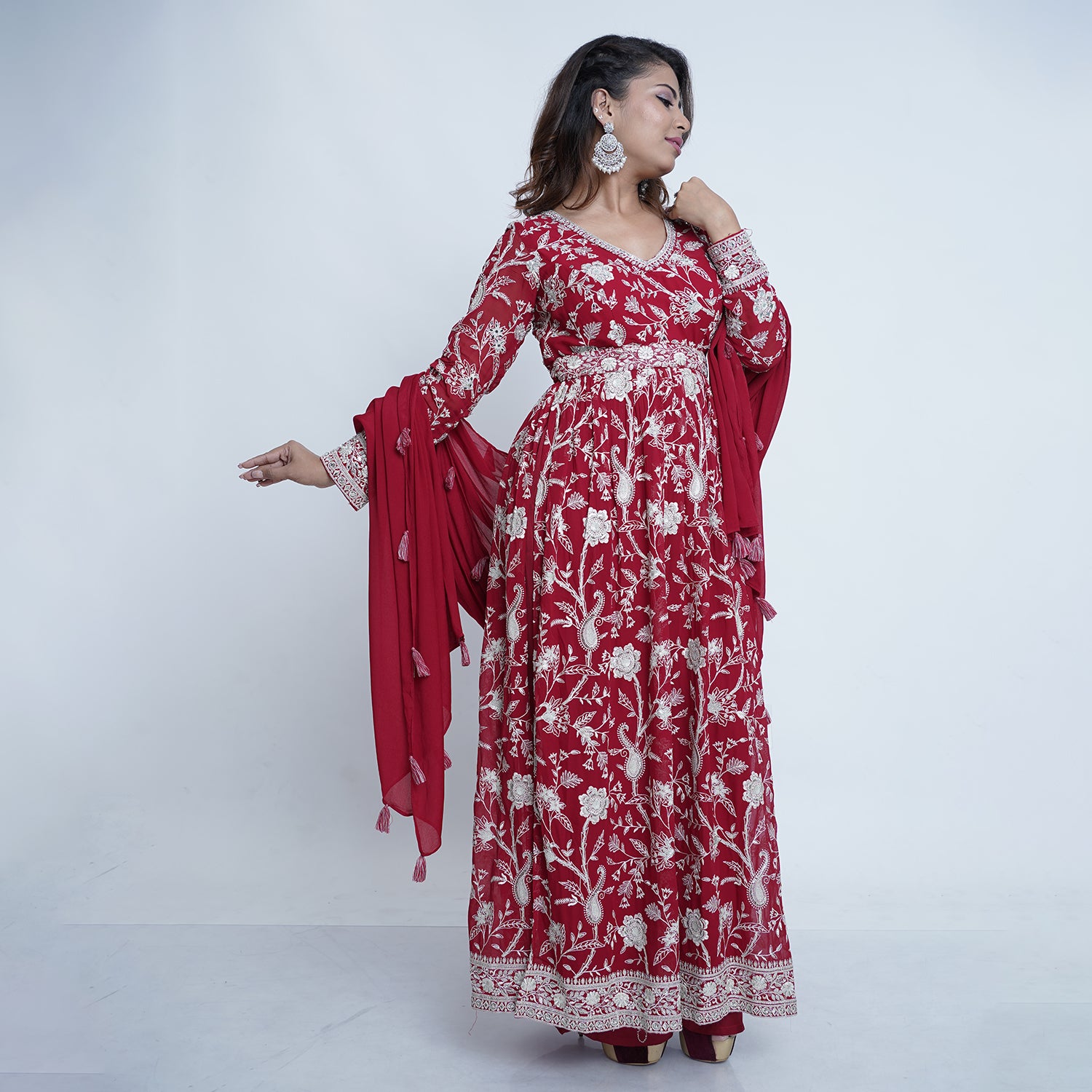 Red Georgette Stitched Suit