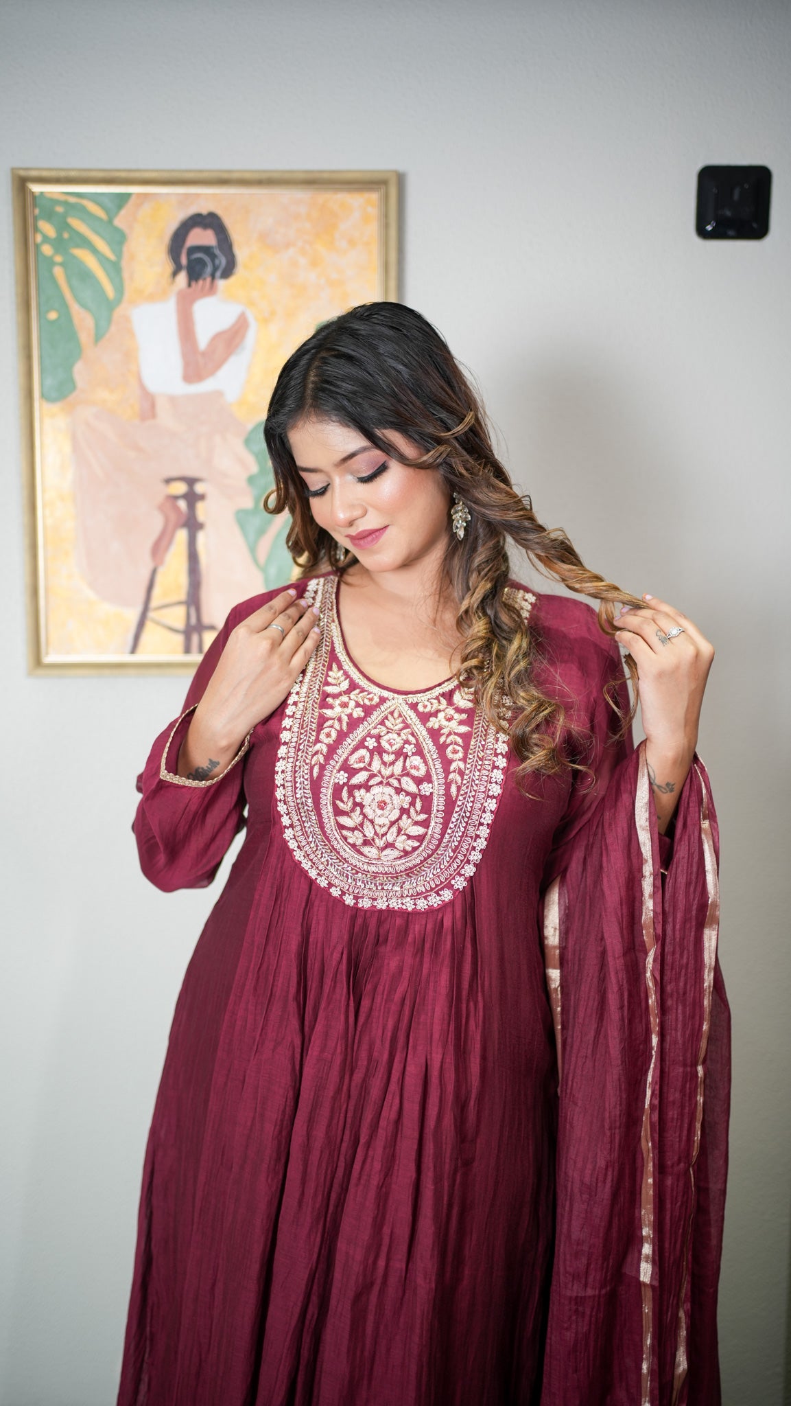 Deep Wine Gathered Kurta - ST-18727#1