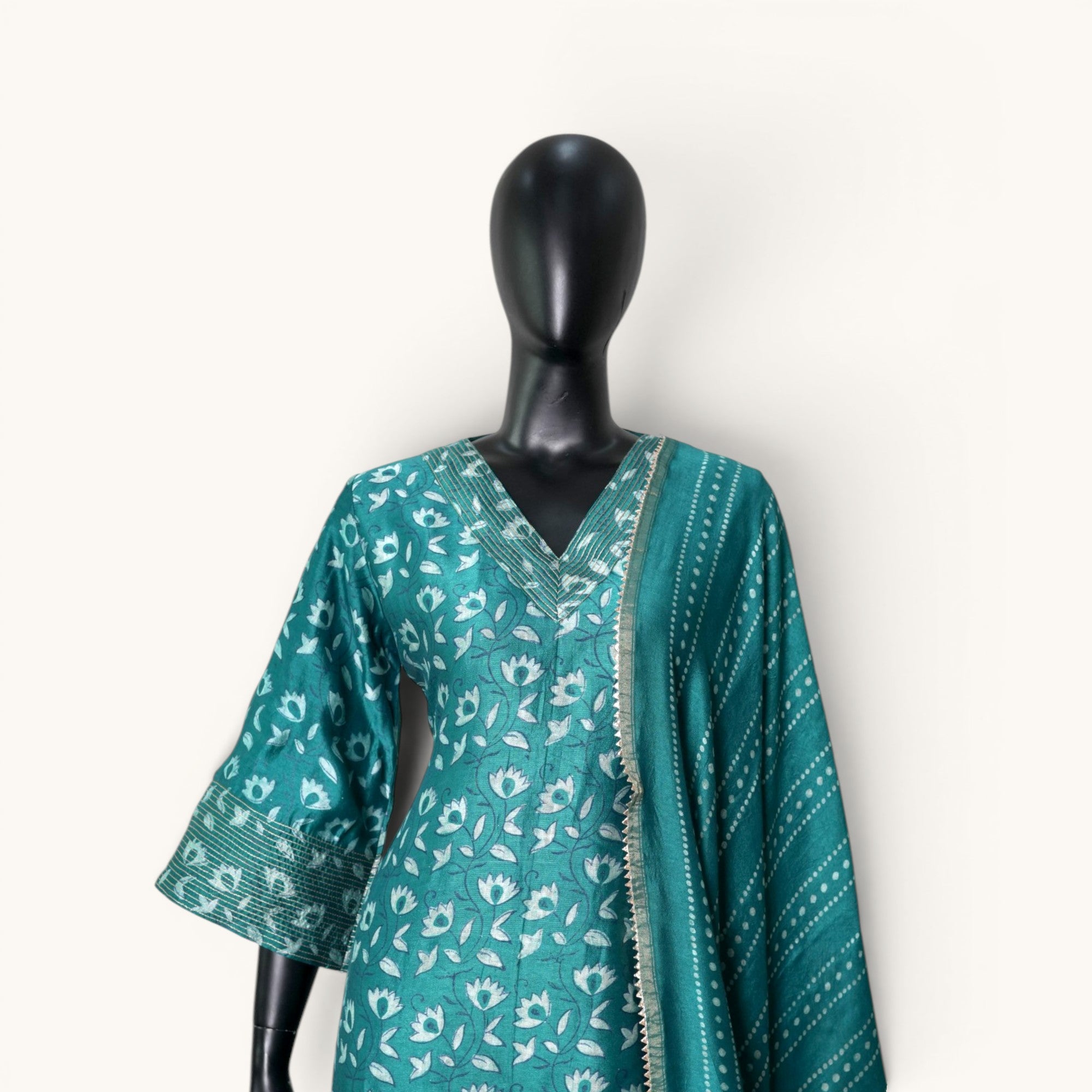 Teal V-Neck Festive Tunic Set - UNST-18744#1