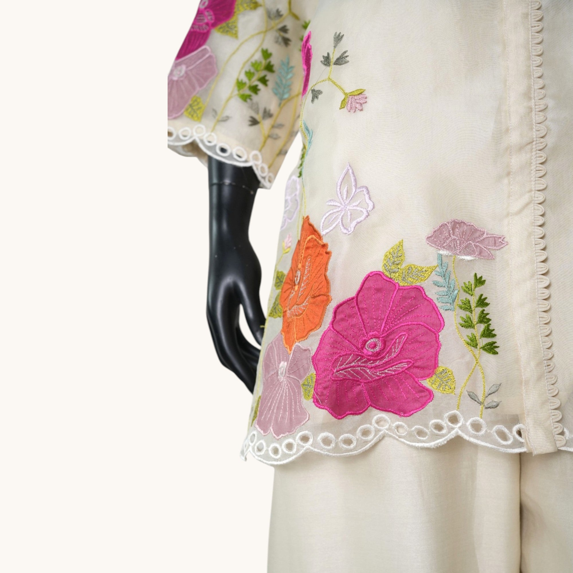Cream Silk Cutwork Co-ord Set - ST-18671#1