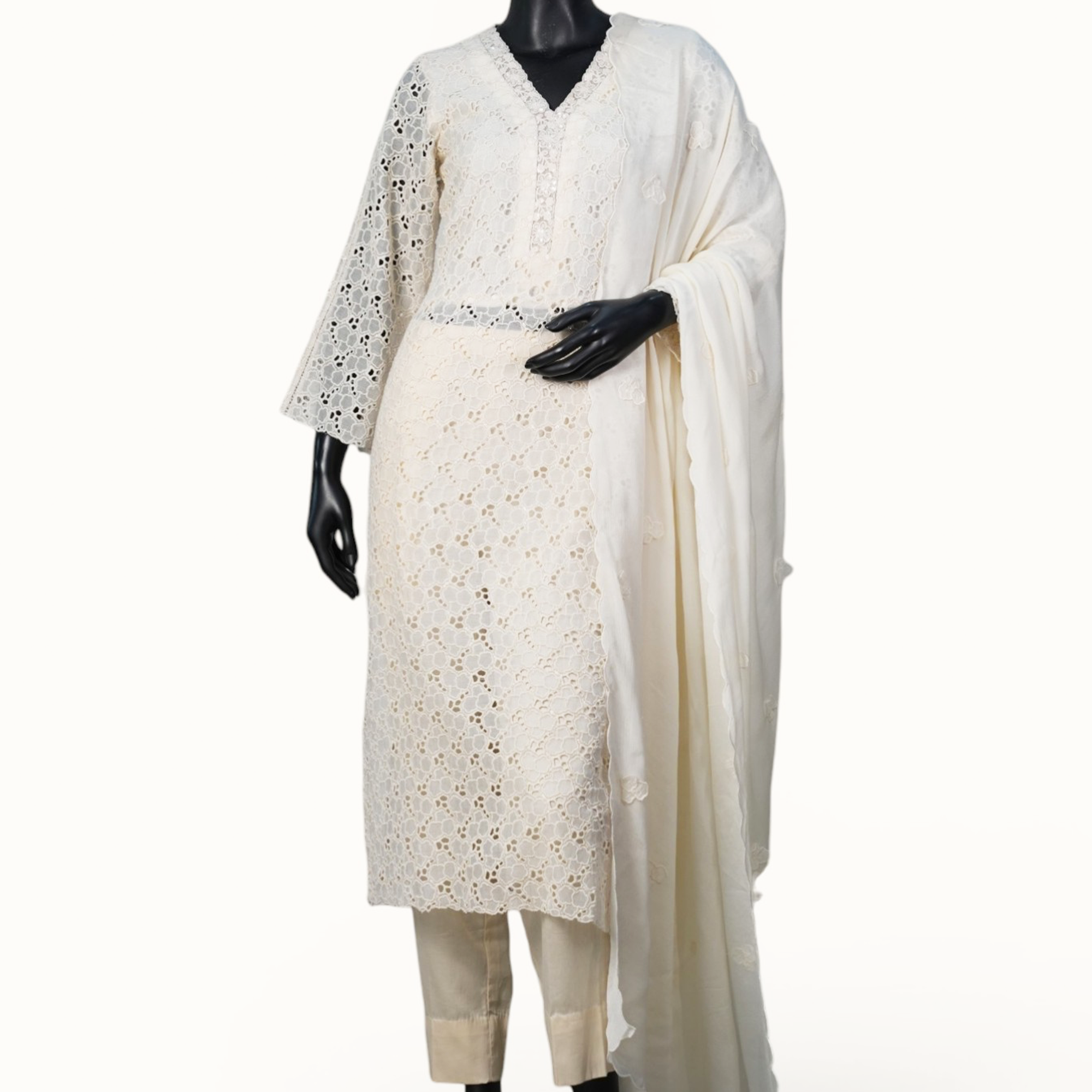 Cream Floral Overlay Trousers Set - ST-18979#1