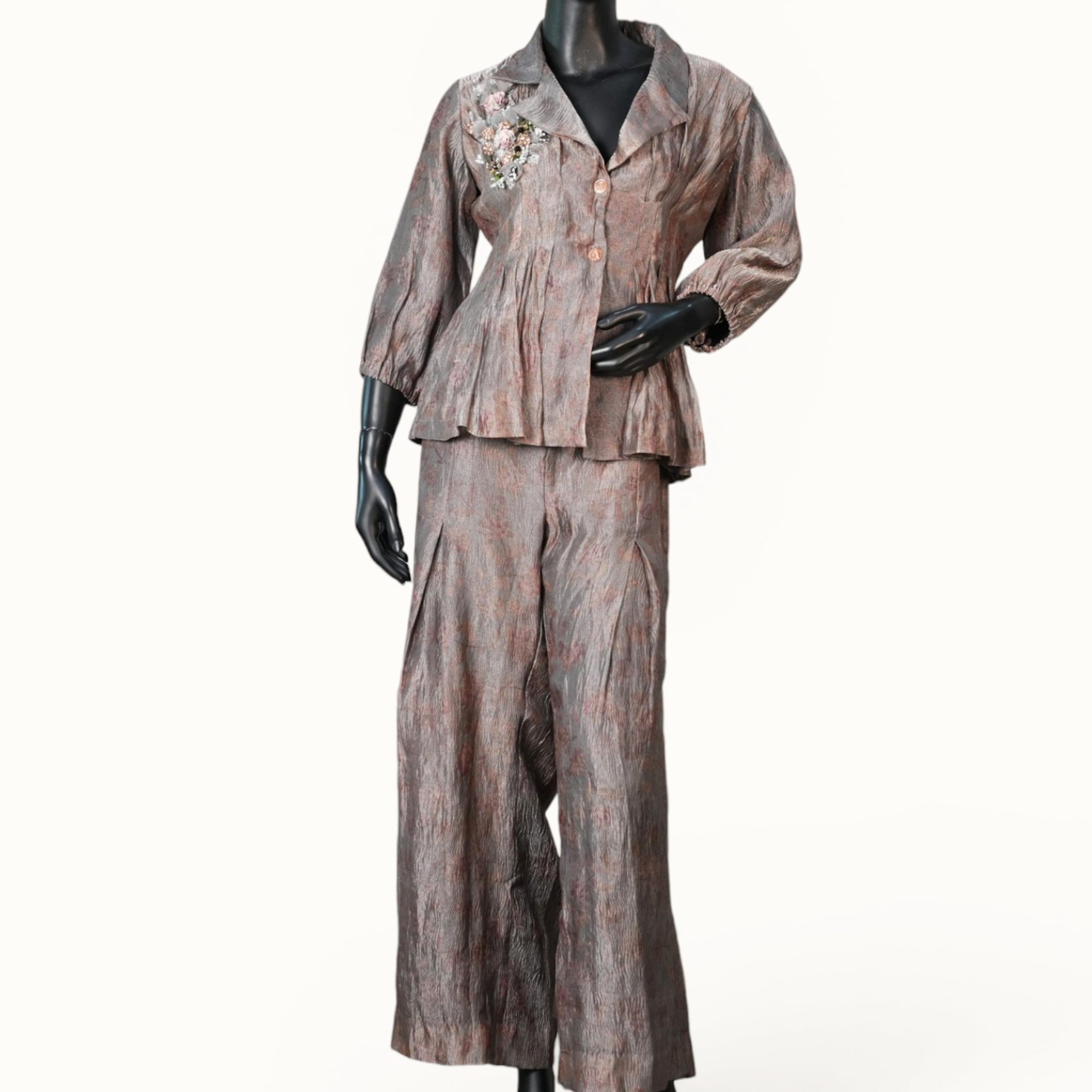 Taupe Crinkle Metallic Co-ord Set - ST-19063#1