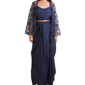 Royal Navy Draped Dhoti Skirt Set with Sheer Embroidered Cape-ST-19181#1