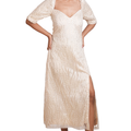 Champagne Sequin-Embellished Puff-Sleeve Midi Dress-KR-18962#1