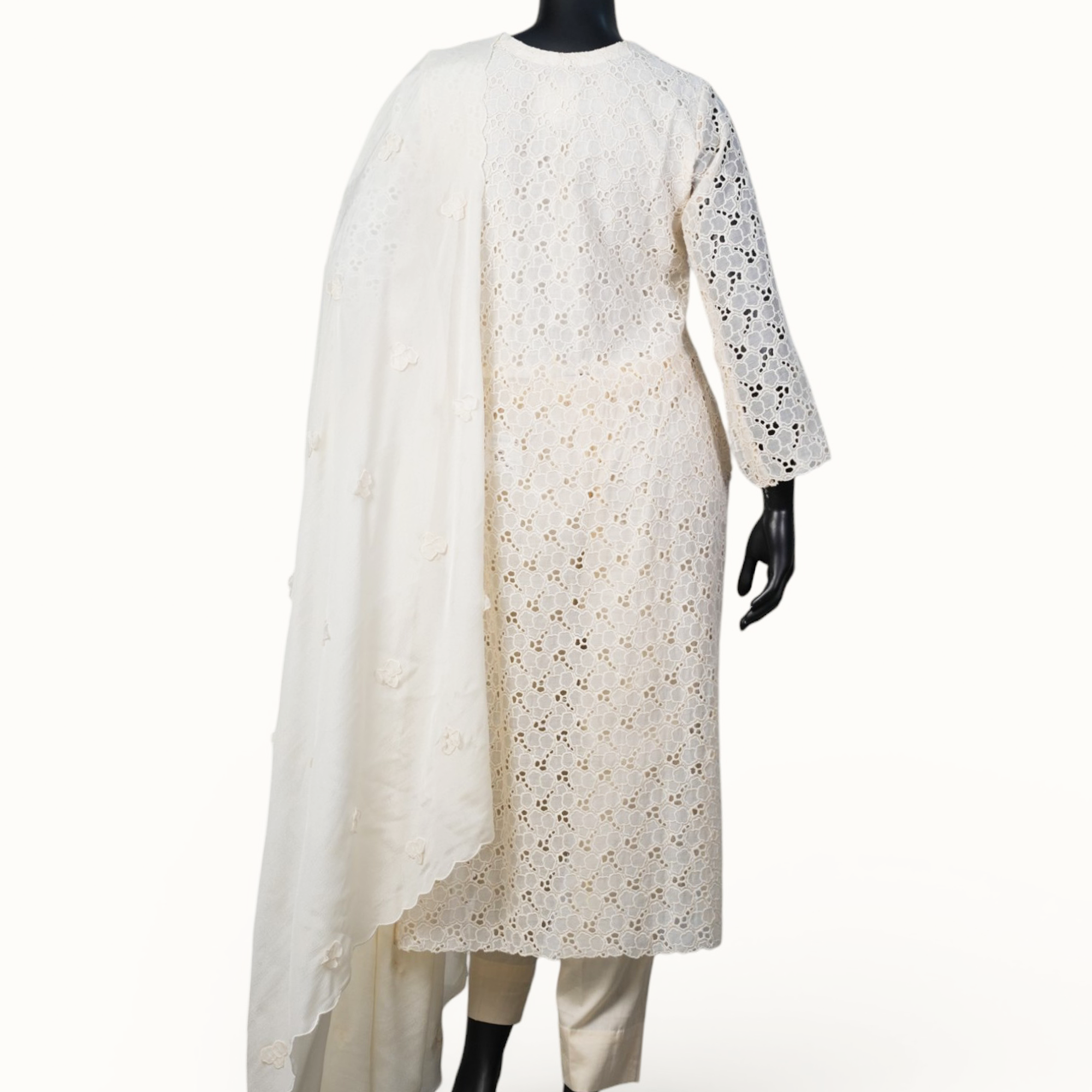 Cream Floral Overlay Trousers Set - ST-18979#1