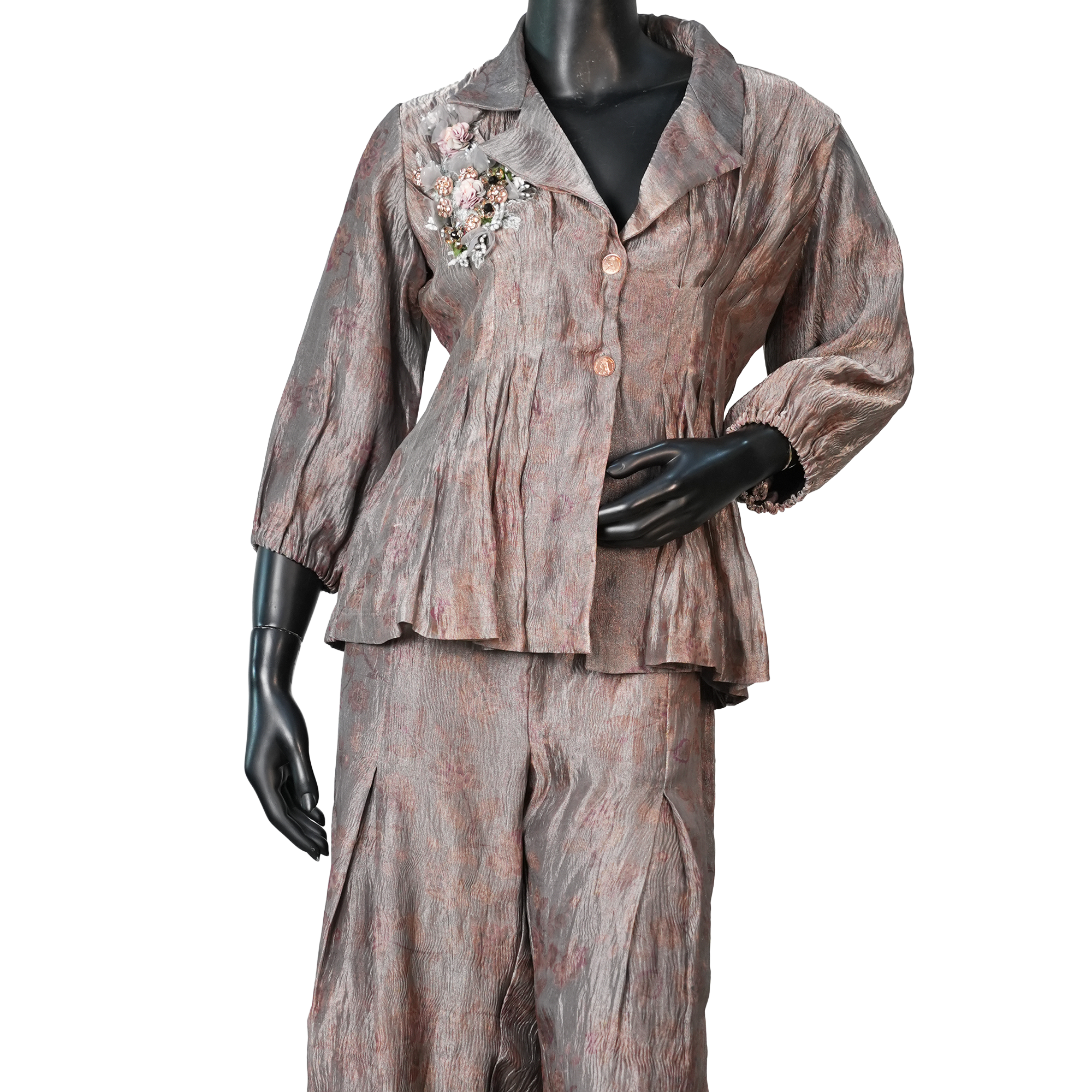 Taupe Crinkle Metallic Co-ord Set - ST-19063#1