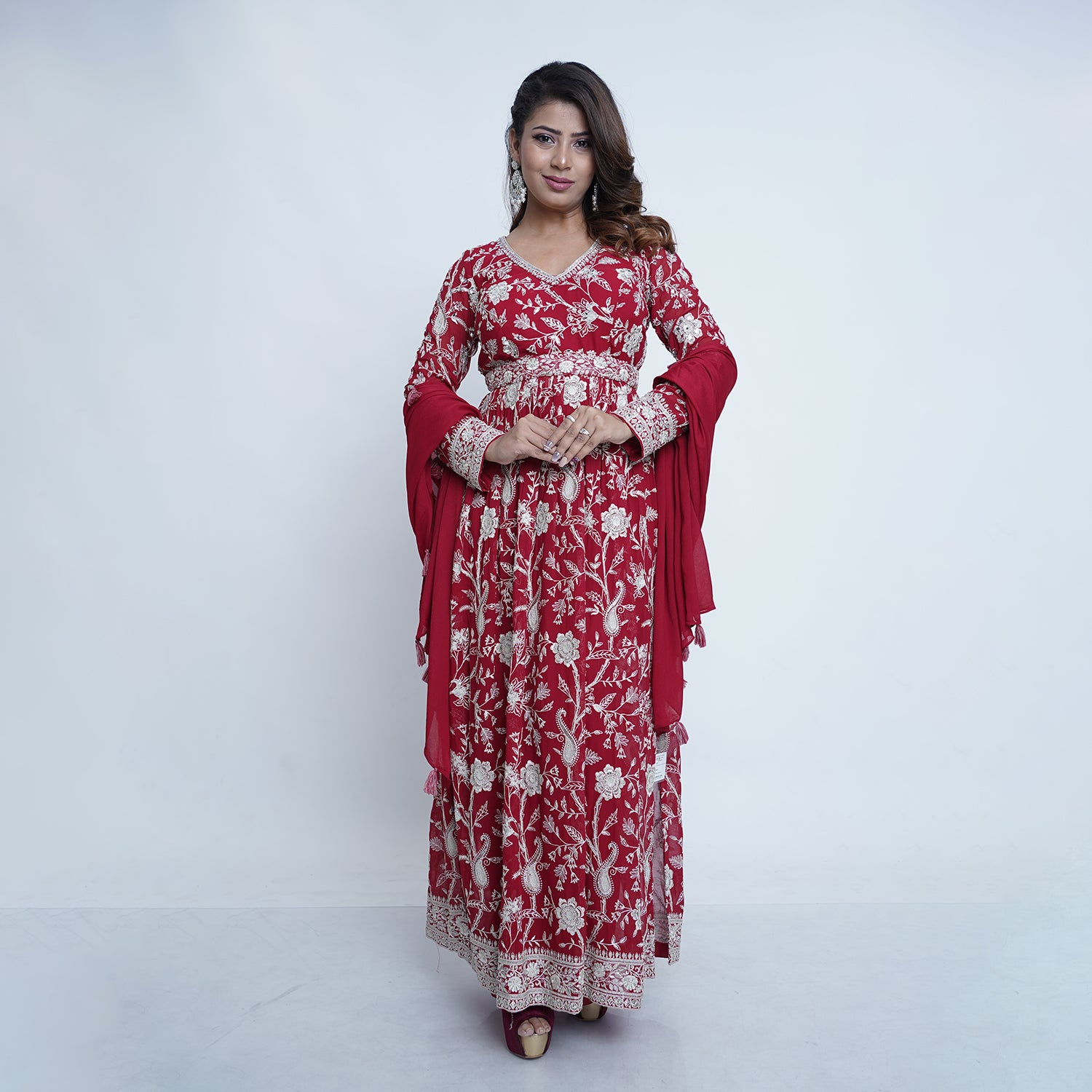 Red Georgette Stitched Suit