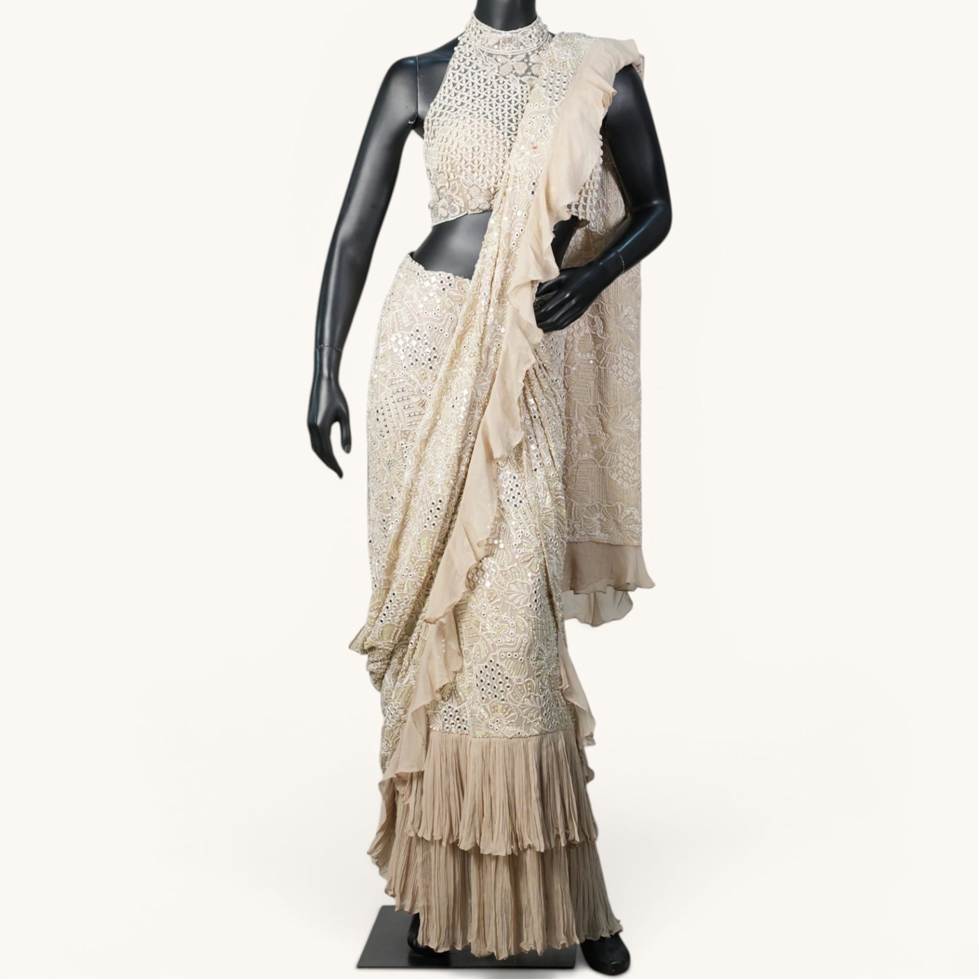 Beige Halter-Neck Fusion Saree - SR-18398#1