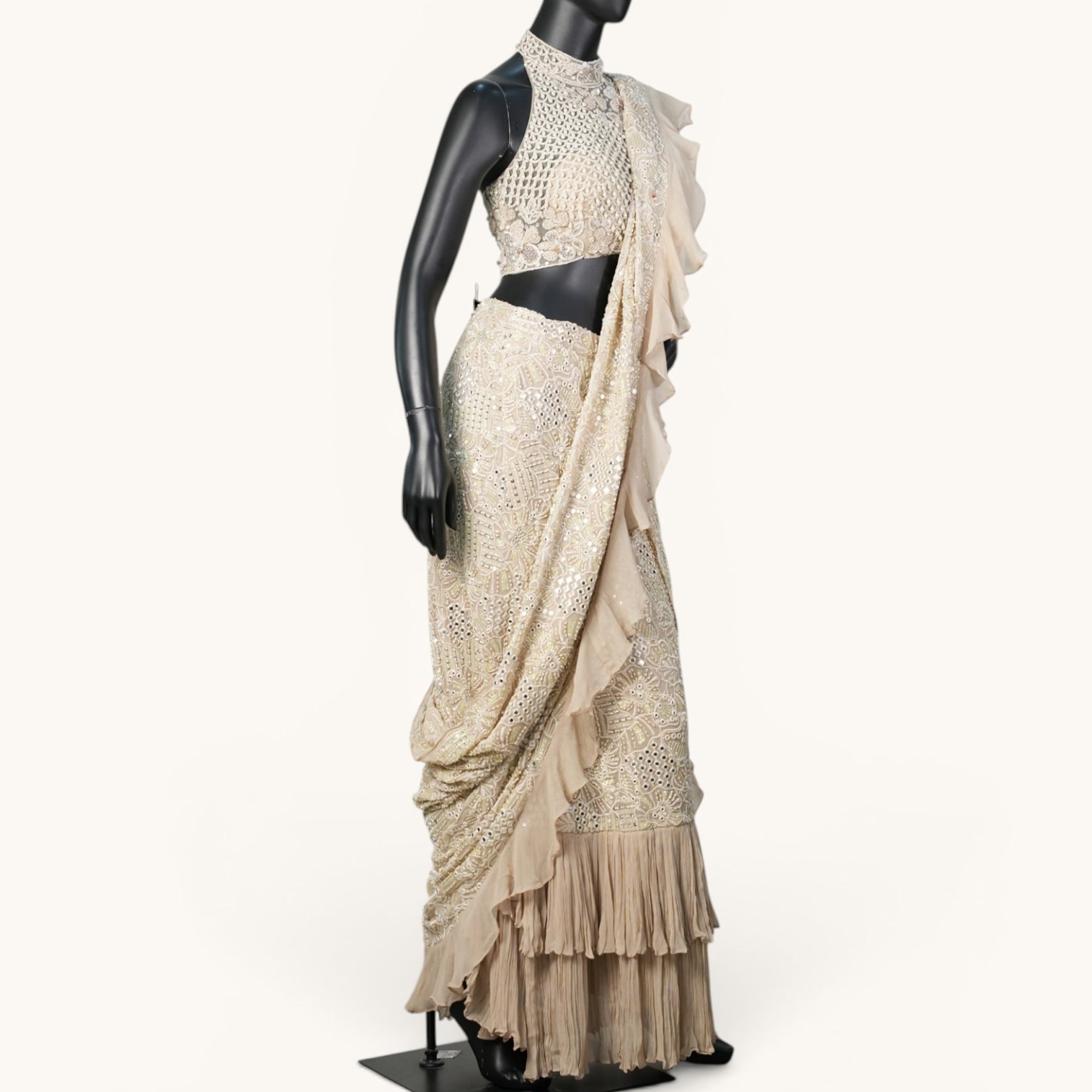 Beige Halter-Neck Fusion Saree - SR-18398#1