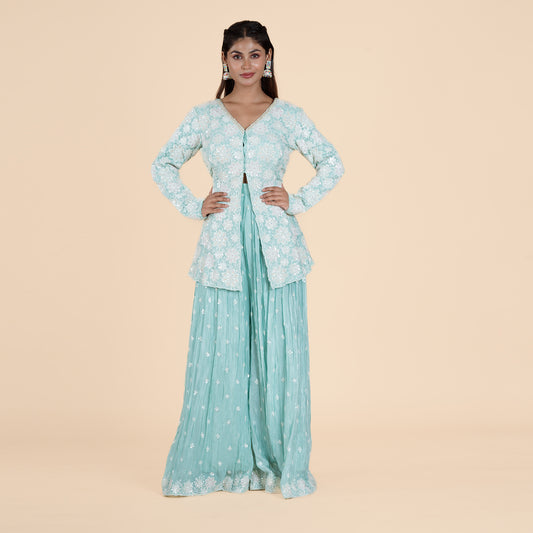 Turquoise Elegance Chiffon Kurti with Plazo