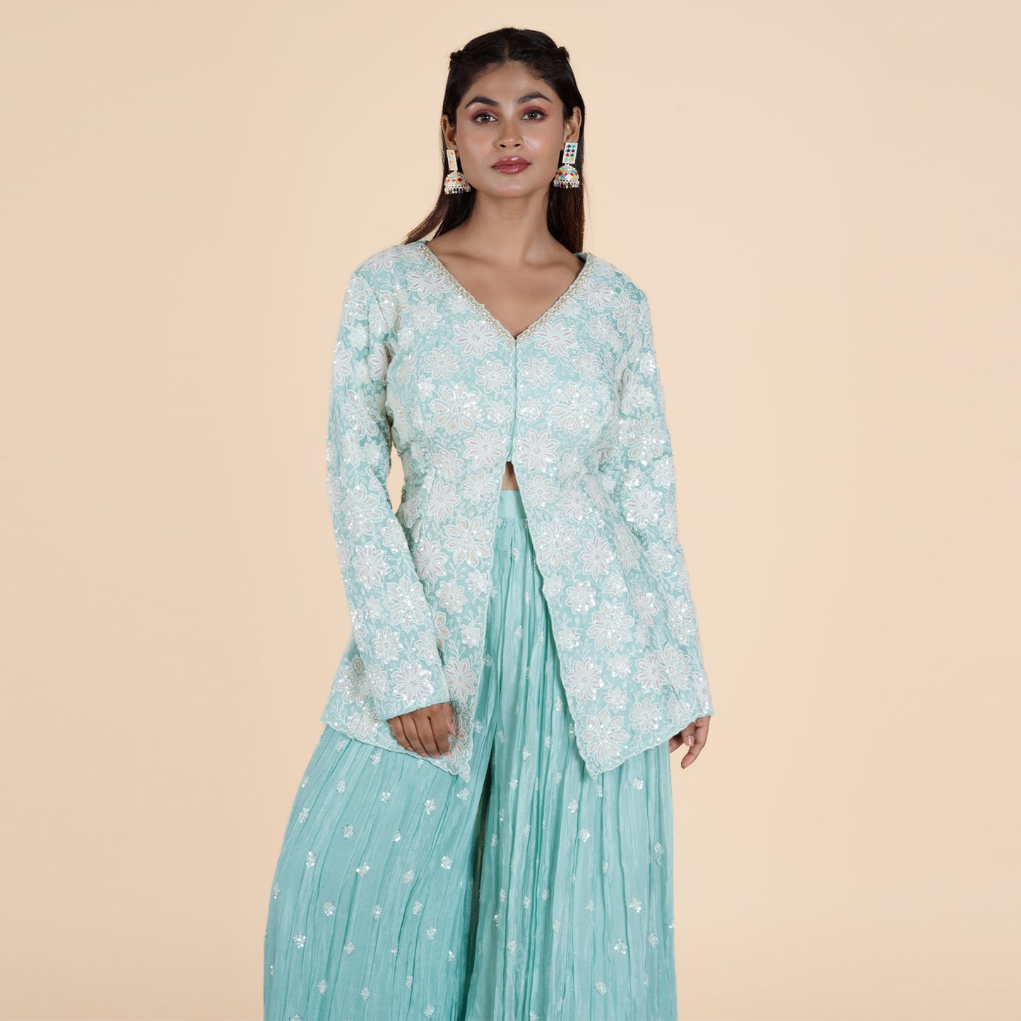 Turquoise Elegance Chiffon Kurti with Plazo