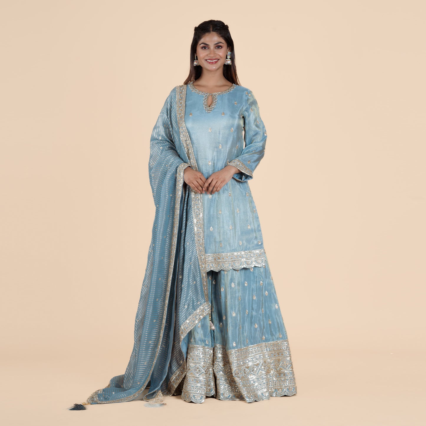 Grey Embroidered Kurti with Garara & Dupatta Set