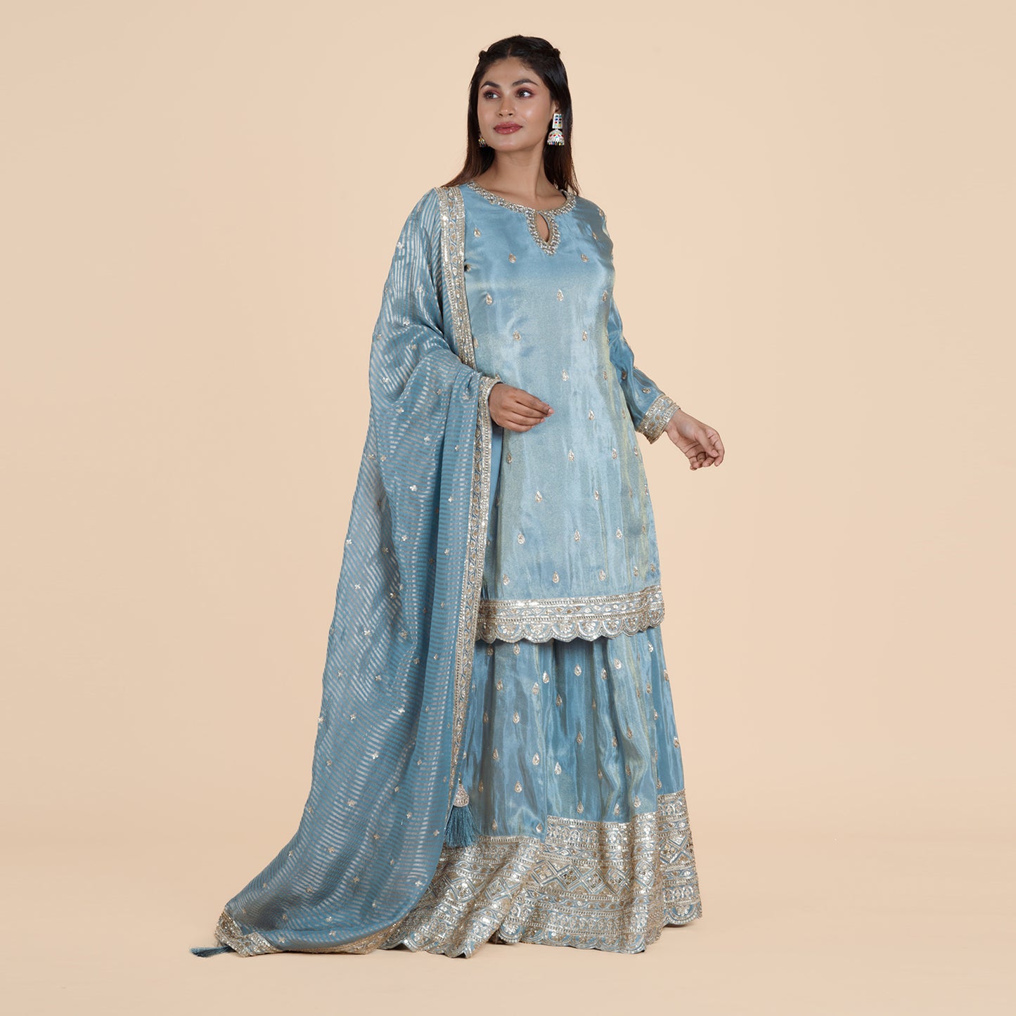 Grey Embroidered Kurti with Garara & Dupatta Set