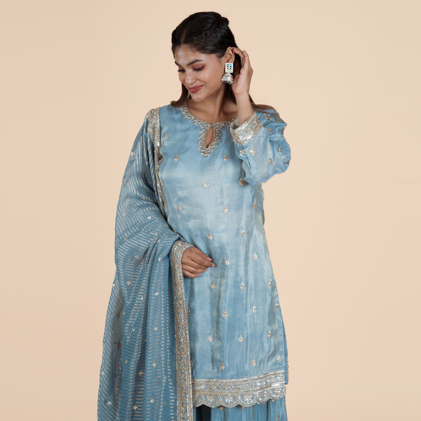 Grey Embroidered Kurti with Garara & Dupatta Set