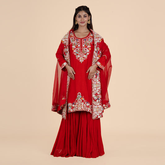 Ruby Red Embroidered Kurti Sarara Set with Organza Dupatta