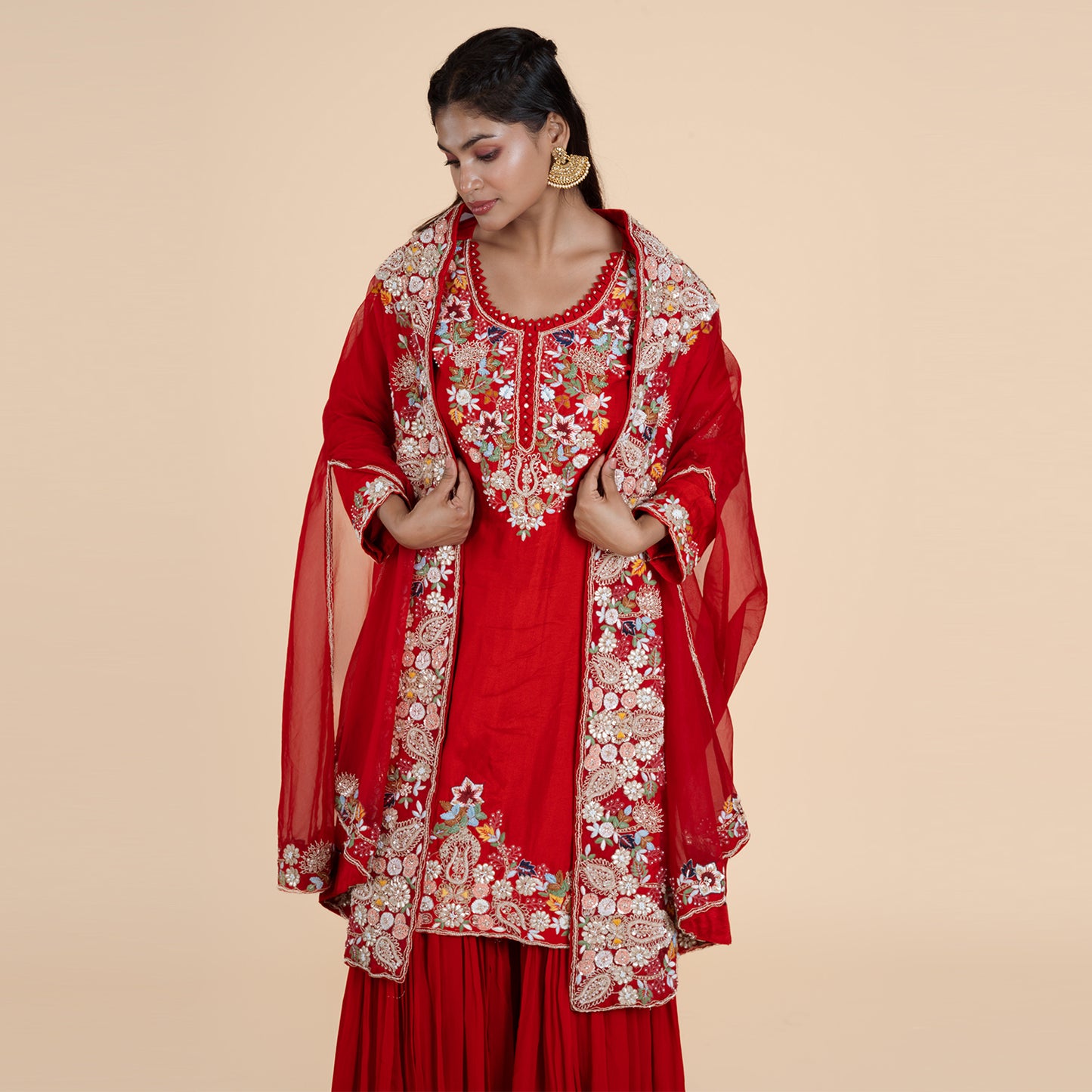 Ruby Red Embroidered Kurti Sarara Set with Organza Dupatta