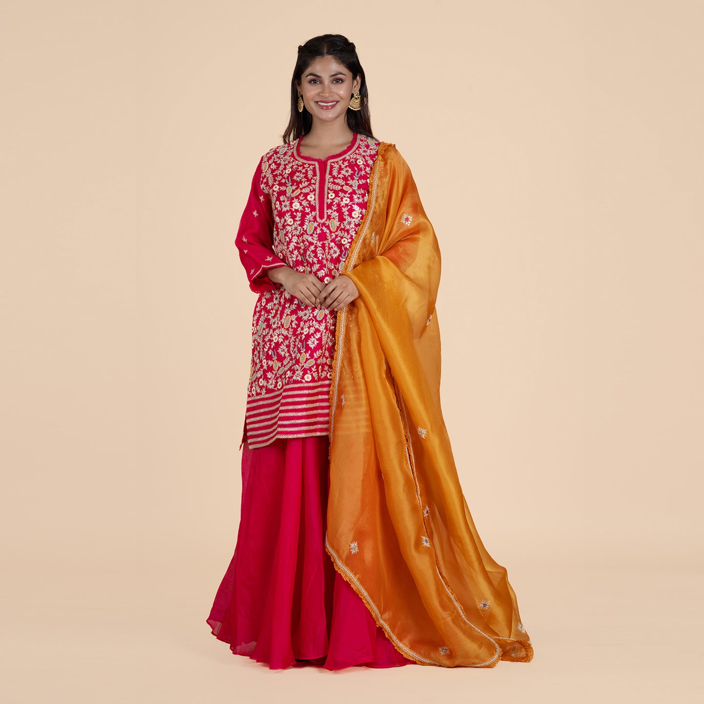 Pink & Red Embroidered Kurta Set with Orange Dupatta