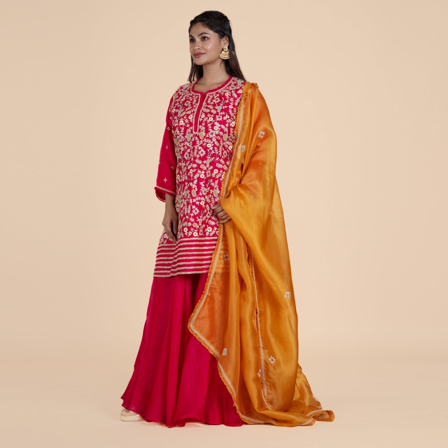 Pink & Red Embroidered Kurta Set with Orange Dupatta