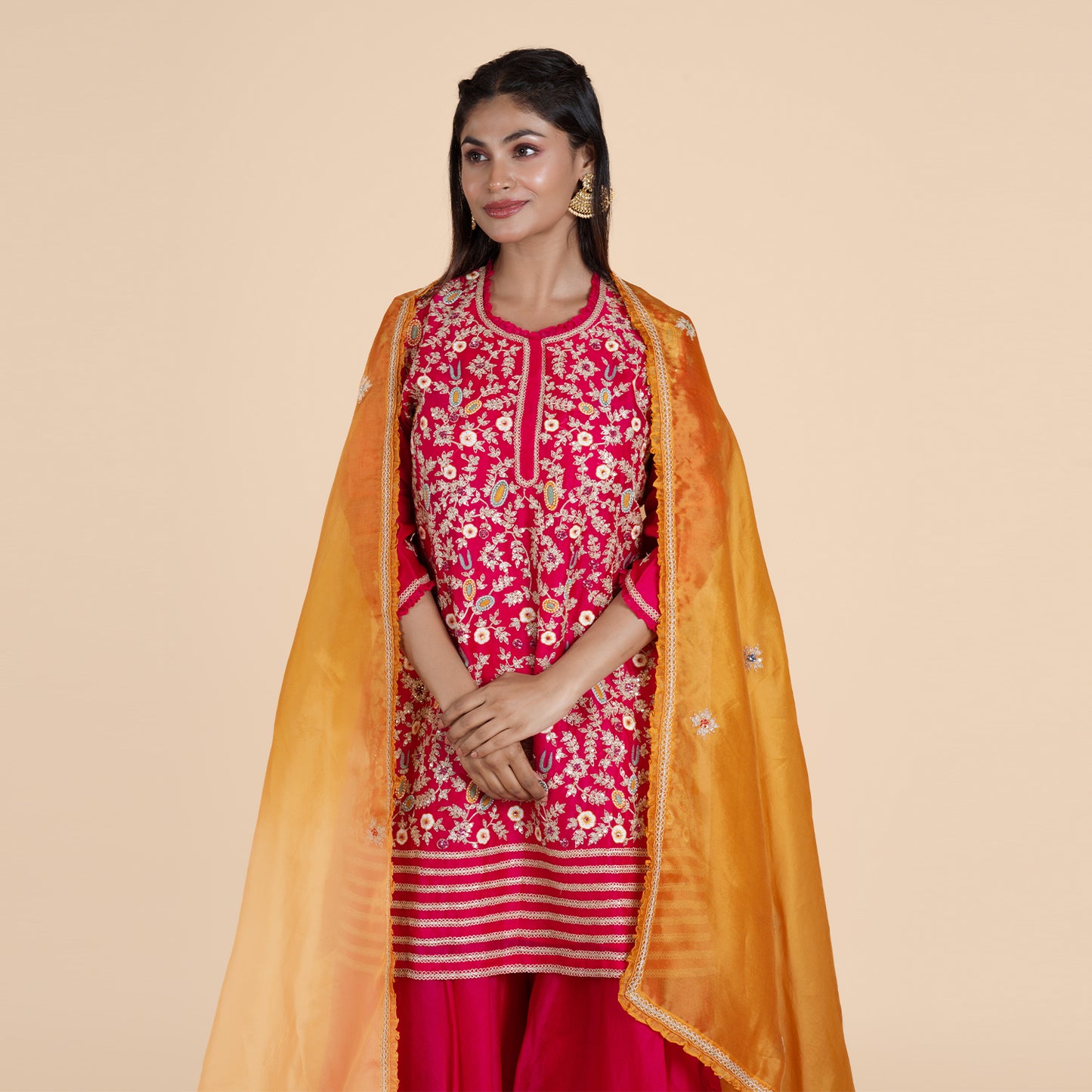 Pink & Red Embroidered Kurta Set with Orange Dupatta