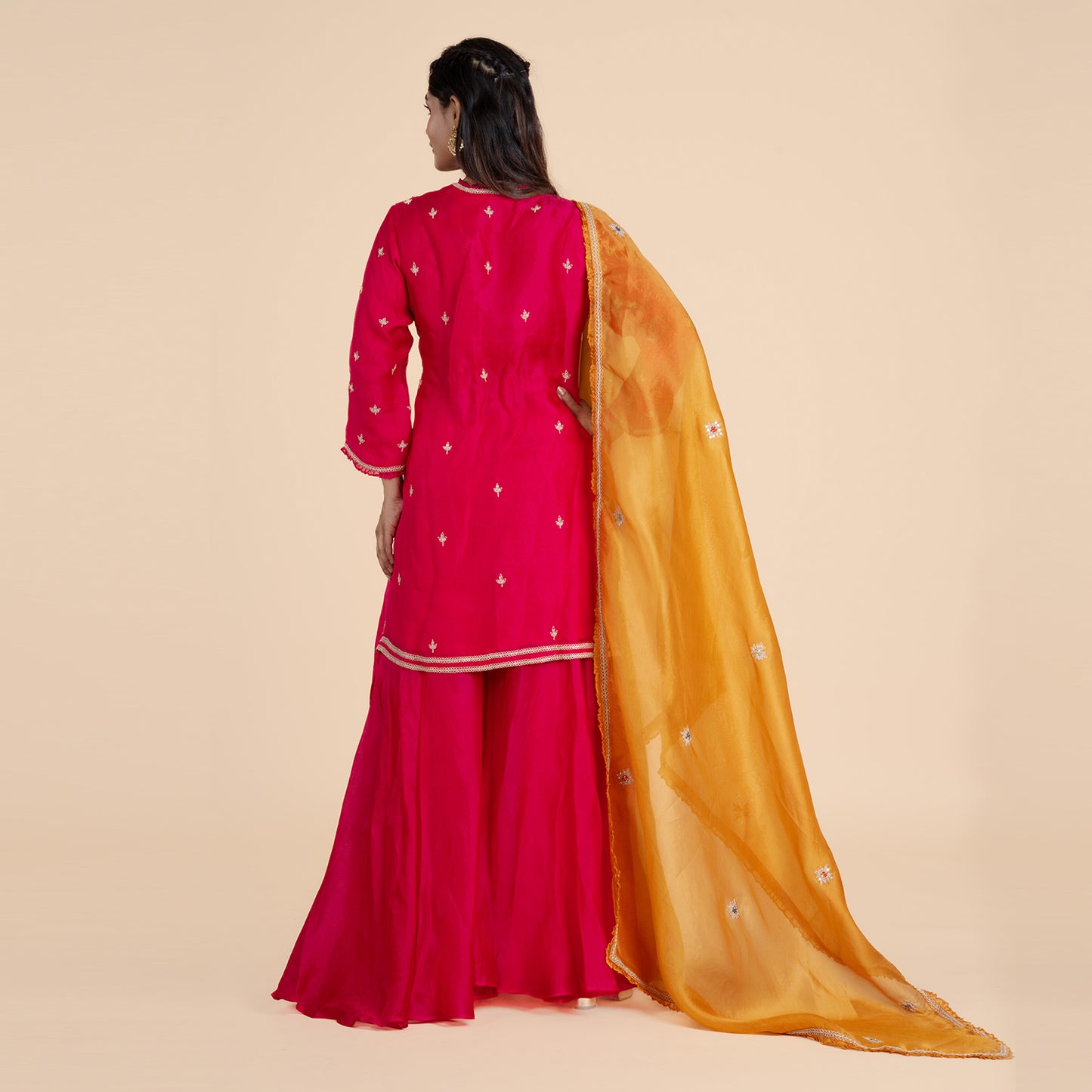 Pink & Red Embroidered Kurta Set with Orange Dupatta