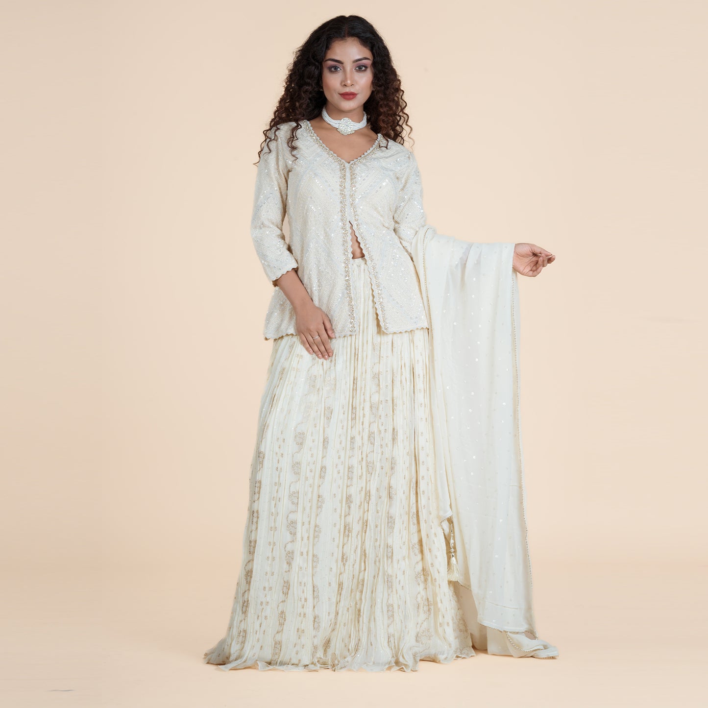 Cream Palazzo Set with Embellished Short Kurti & Dupatta