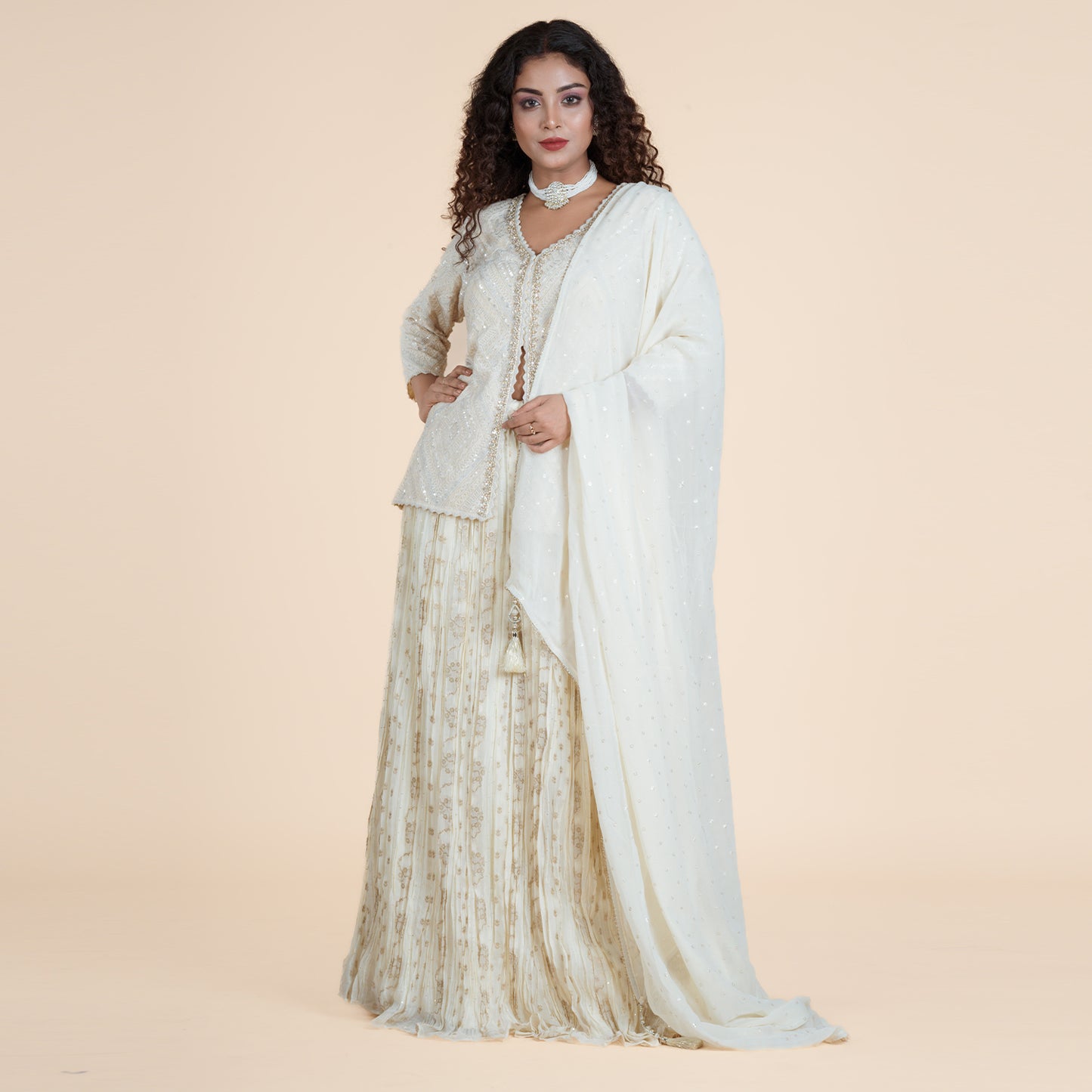 Cream Palazzo Set with Embellished Short Kurti & Dupatta