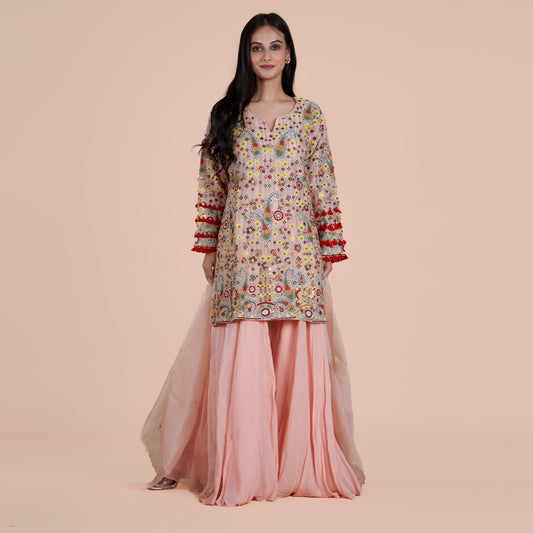 Peach Silk Kurti with Intricate Embroidery & Sharara Set