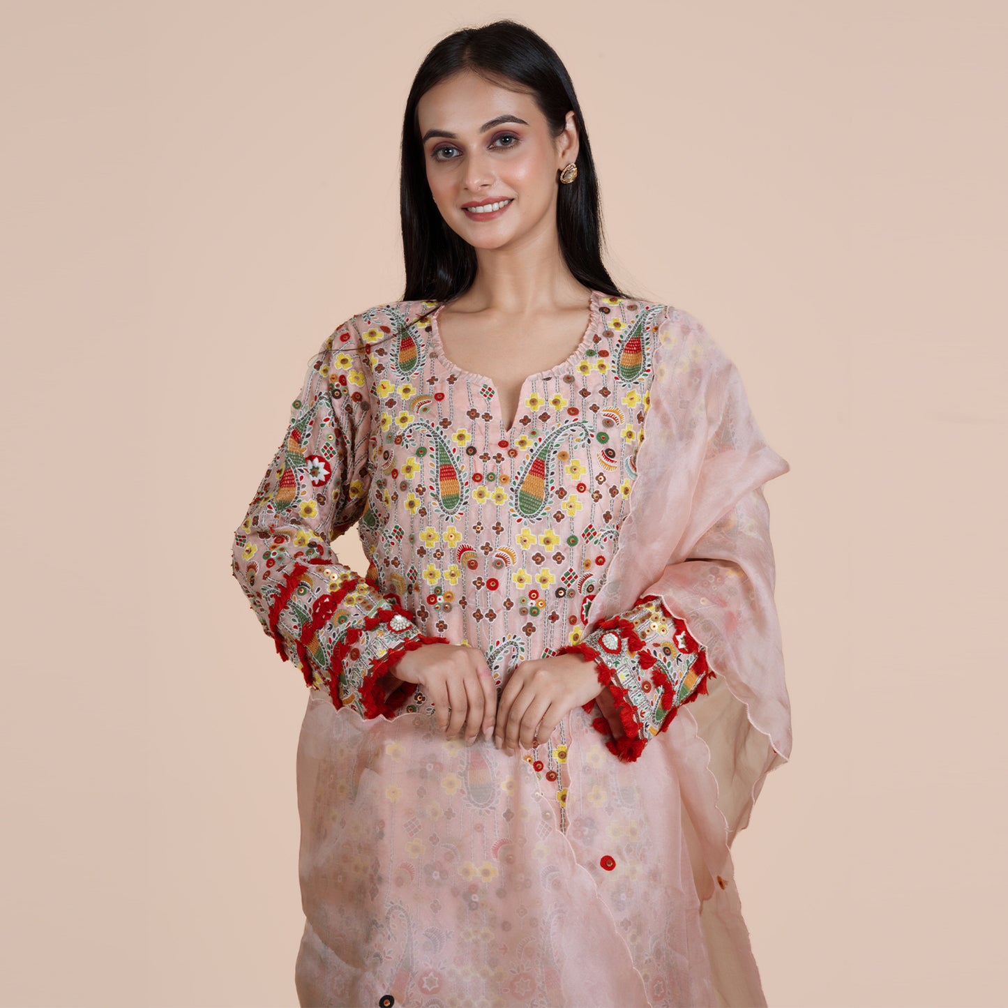 Peach Silk Kurti with Intricate Embroidery & Sharara Set