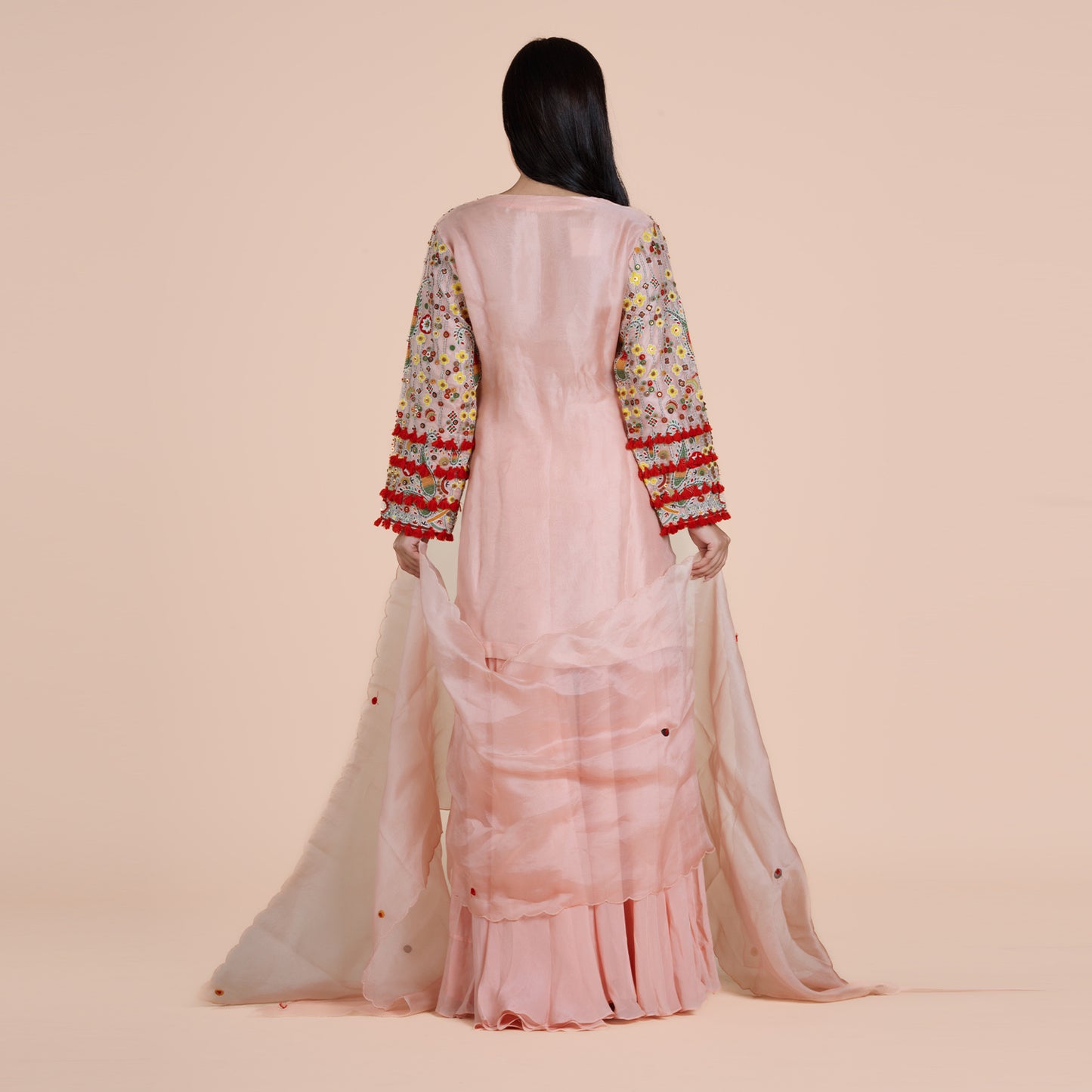 Peach Silk Kurti with Intricate Embroidery & Sharara Set