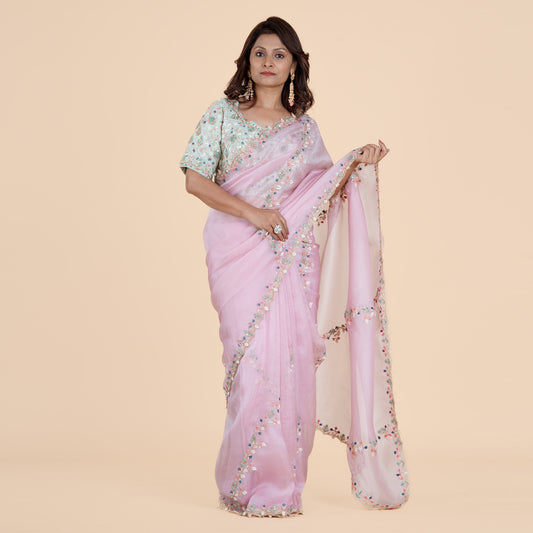 Blush Pink Organza Saree with Floral Embroidery