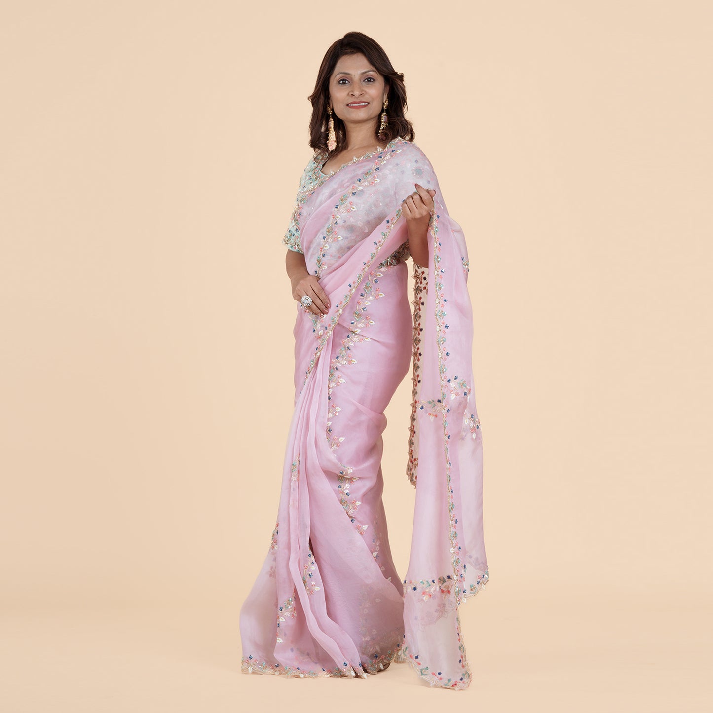 Blush Pink Organza Saree with Floral Embroidery