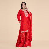 Elegant Red Embroidered Kurti with Sharara & Dupatta