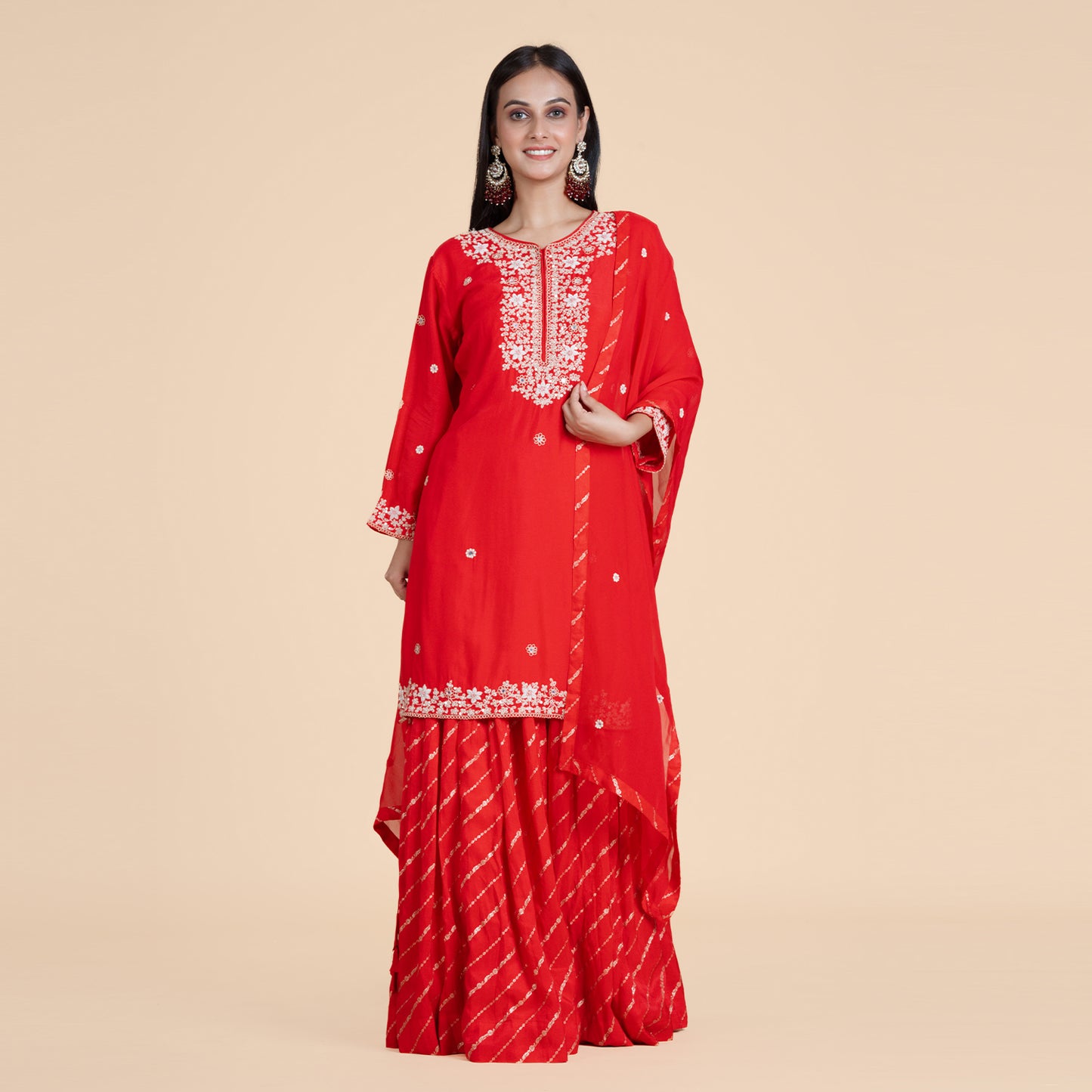 Elegant Red Embroidered Kurti with Sharara & Dupatta