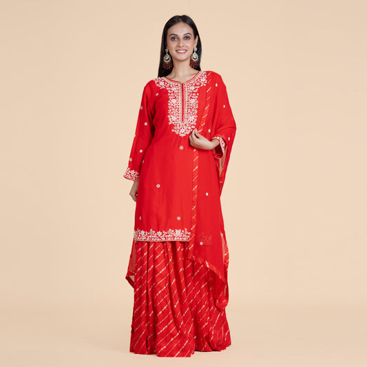 Elegant Red Embroidered Kurti with Sharara & Dupatta