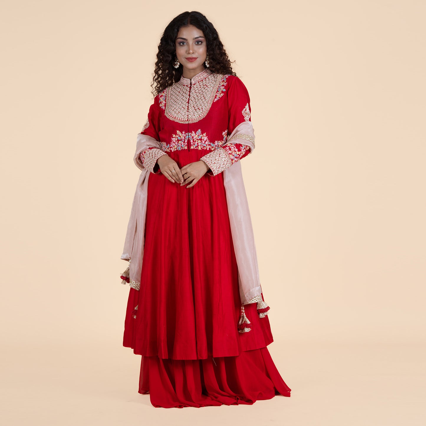 Sequin Thread Red Kurti with Gotta Work & Organza Dupatta Set