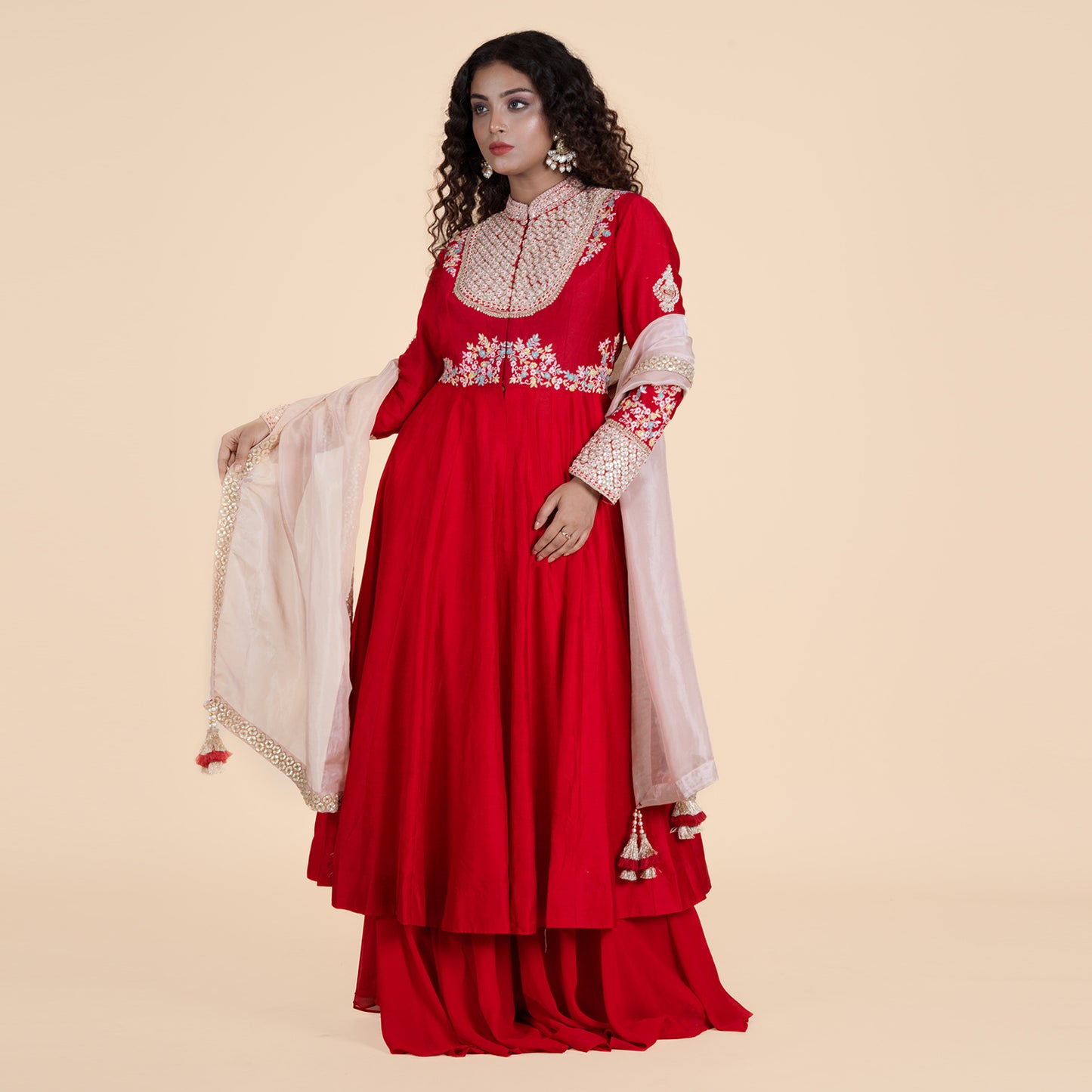 Sequin Thread Red Kurti with Gotta Work & Organza Dupatta Set