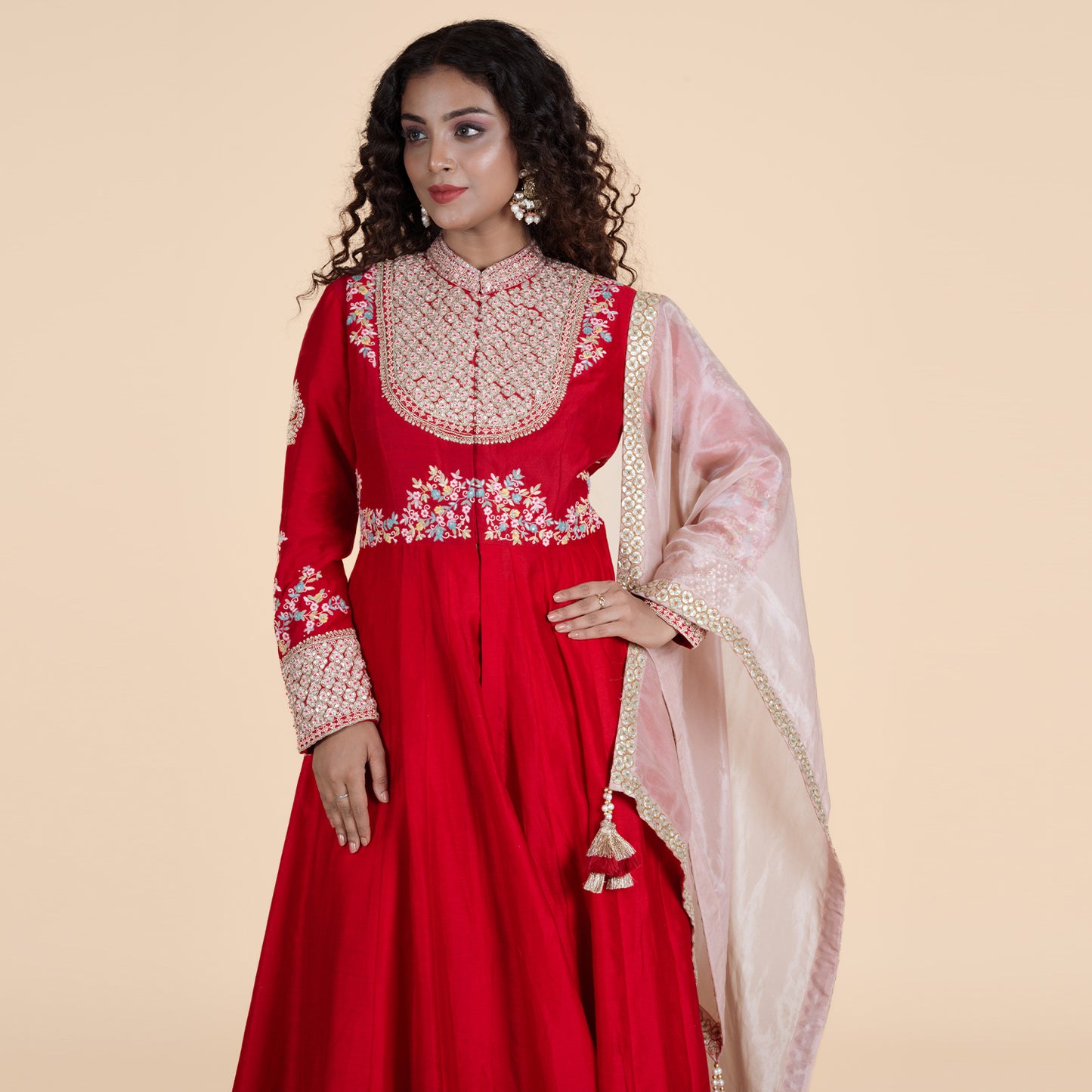 Sequin Thread Red Kurti with Gotta Work & Organza Dupatta Set