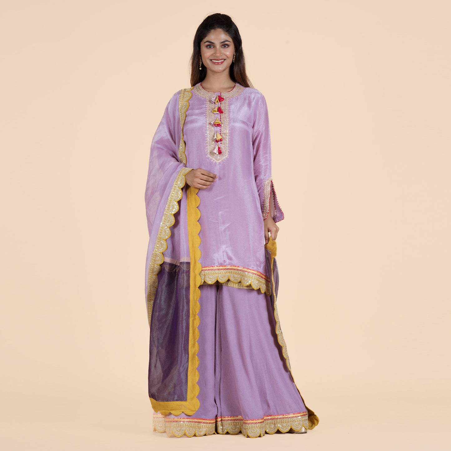 Lavender Crepe Silk Sarara Set with Gold Thread Cori Work