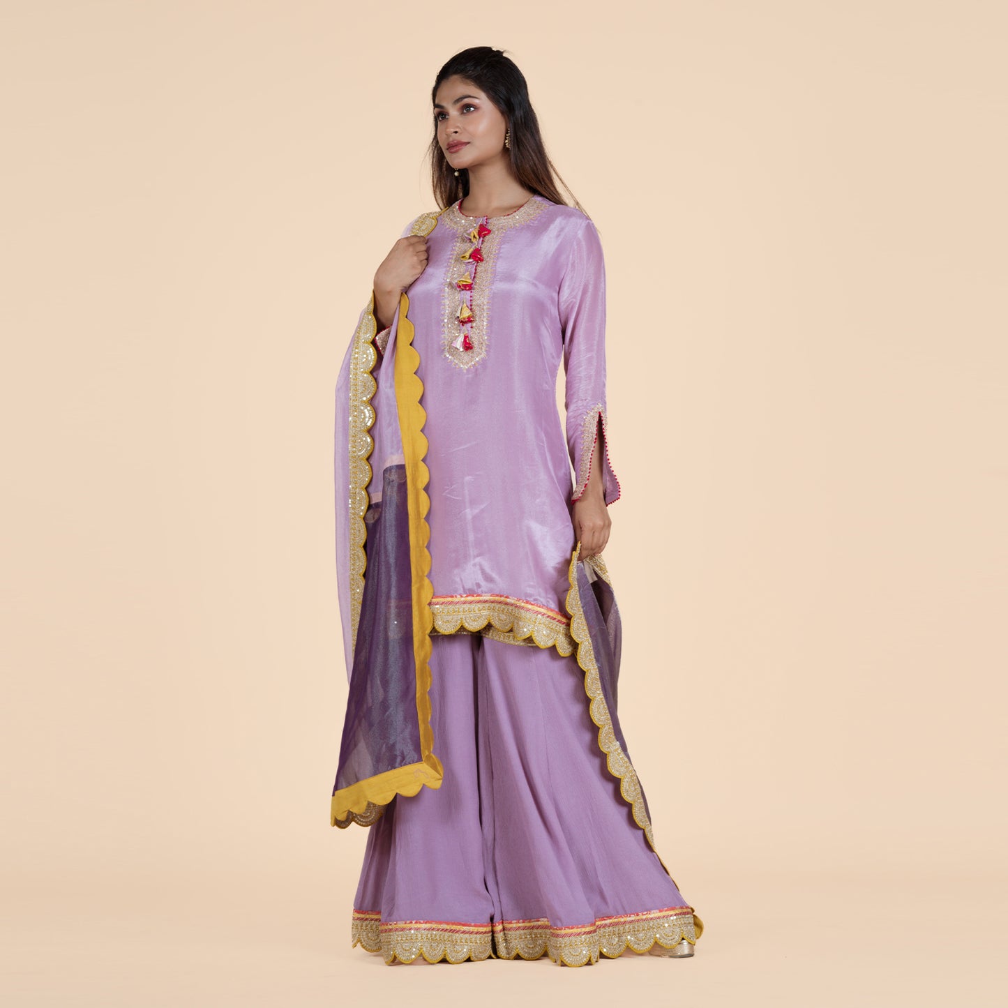 Lavender Crepe Silk Sarara Set with Gold Thread Cori Work