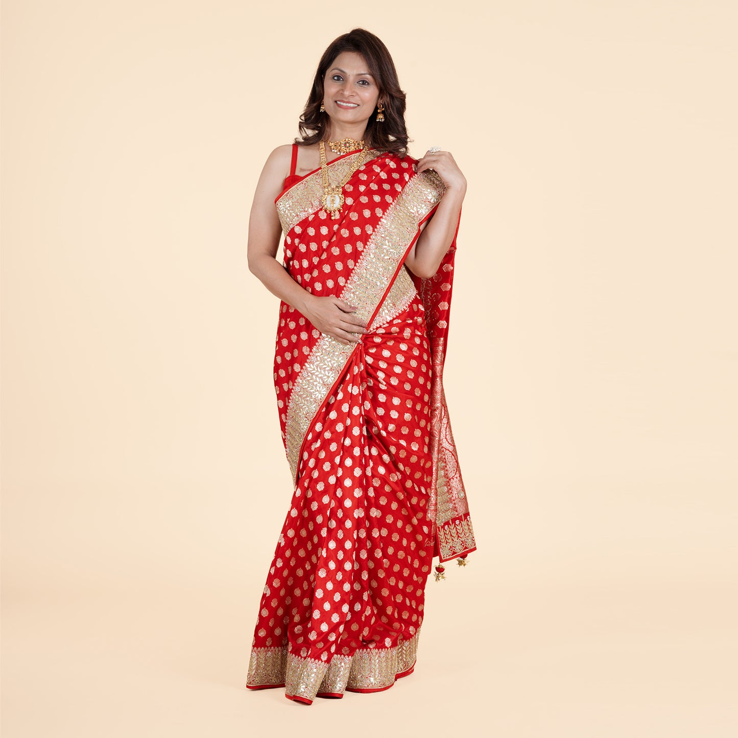 Red & Gold Saree with Gold Thread and Moti Work