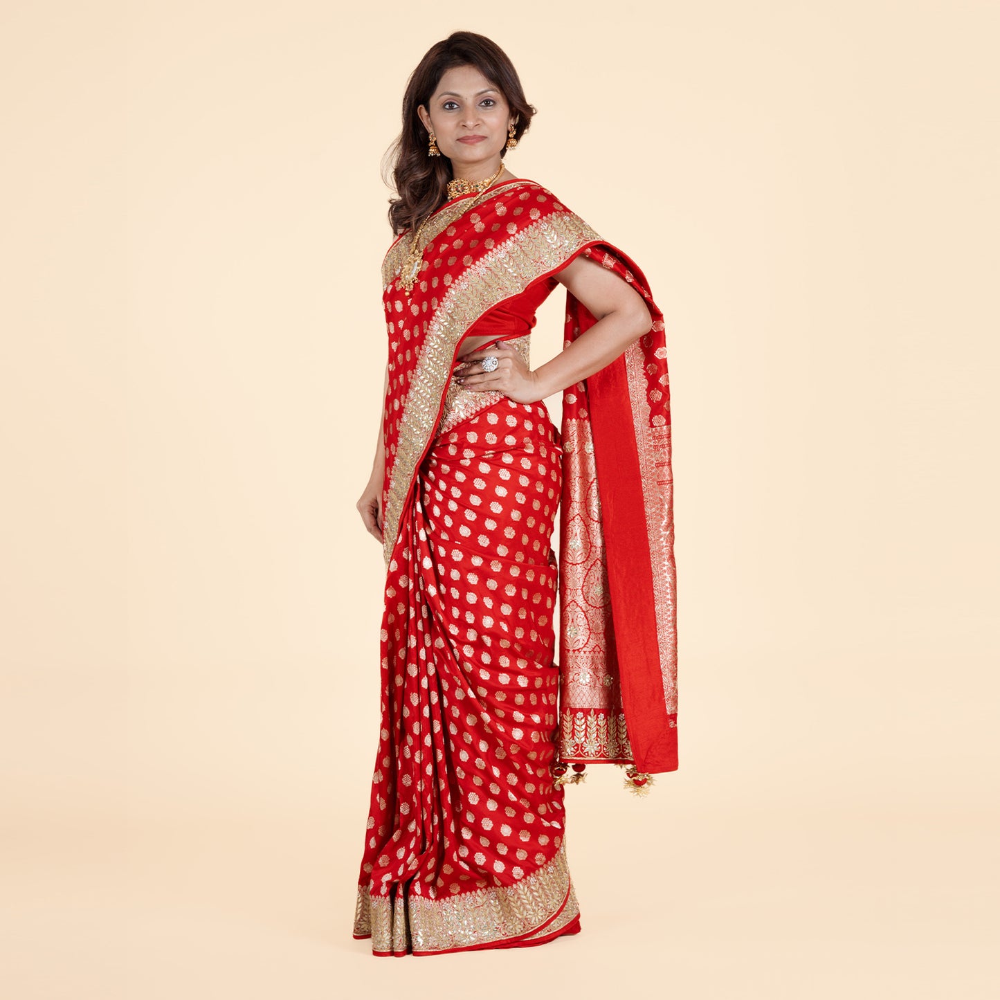 Red & Gold Saree with Gold Thread and Moti Work