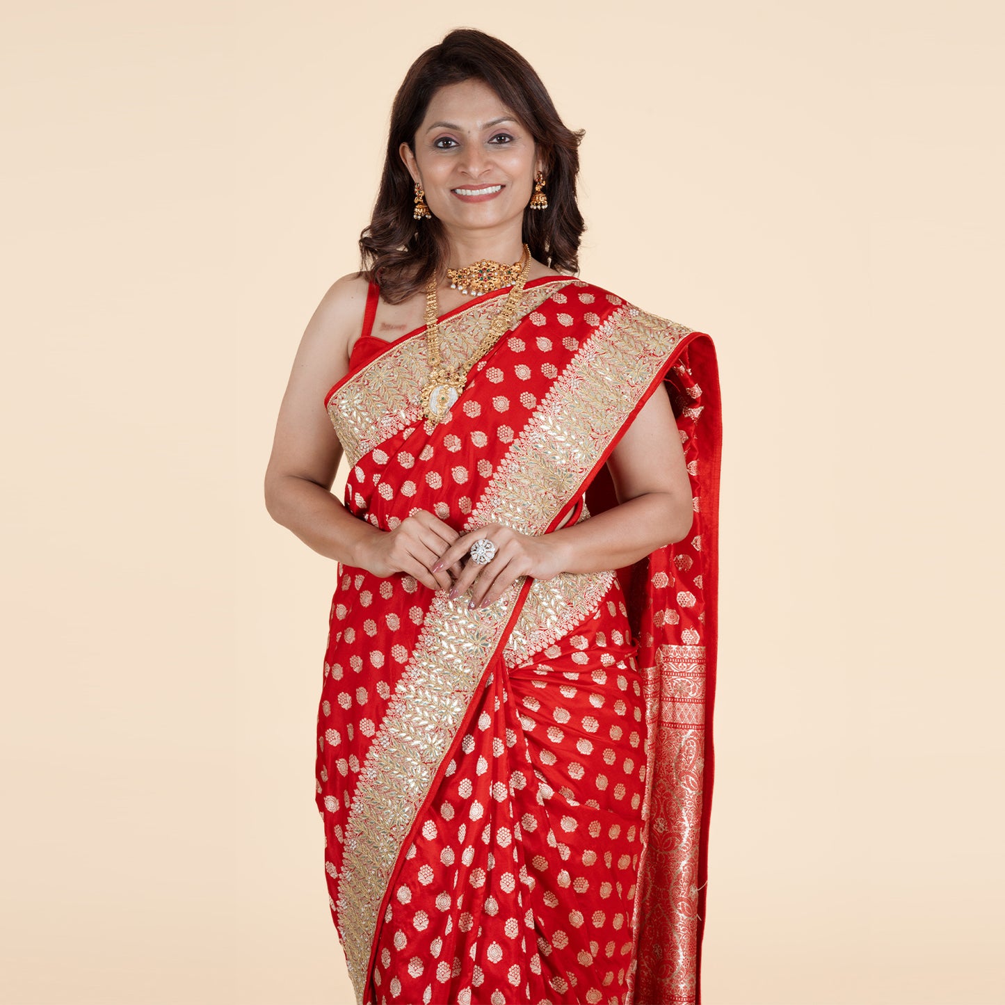 Red & Gold Saree with Gold Thread and Moti Work