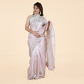 Soft Pink Satin Saree with Delicate Floral Embroidery