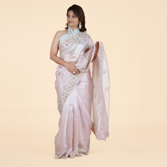 Soft Pink Satin Saree with Delicate Floral Embroidery