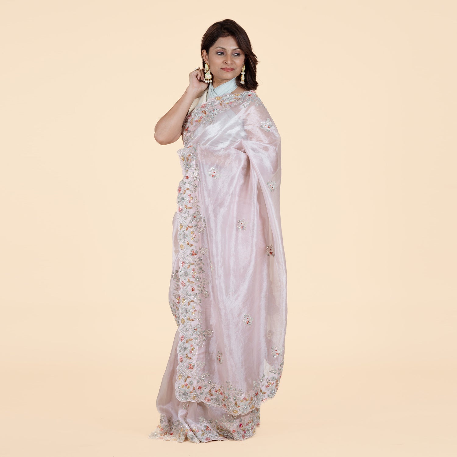 Soft Pink Satin Saree with Delicate Floral Embroidery