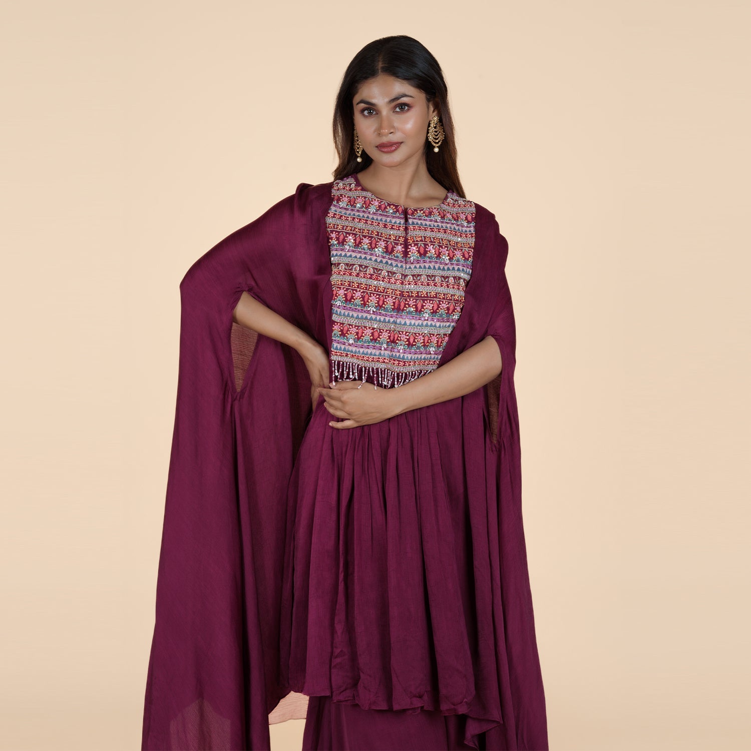 Embroidered Elegance Top with Shrug & Sharara Set